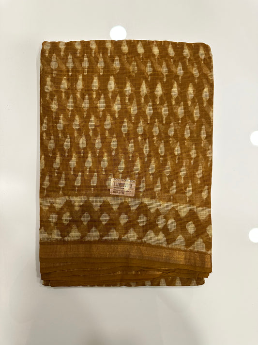 Southloom Kota Doria Cotton Saree with Hand Block Print on Brown Base