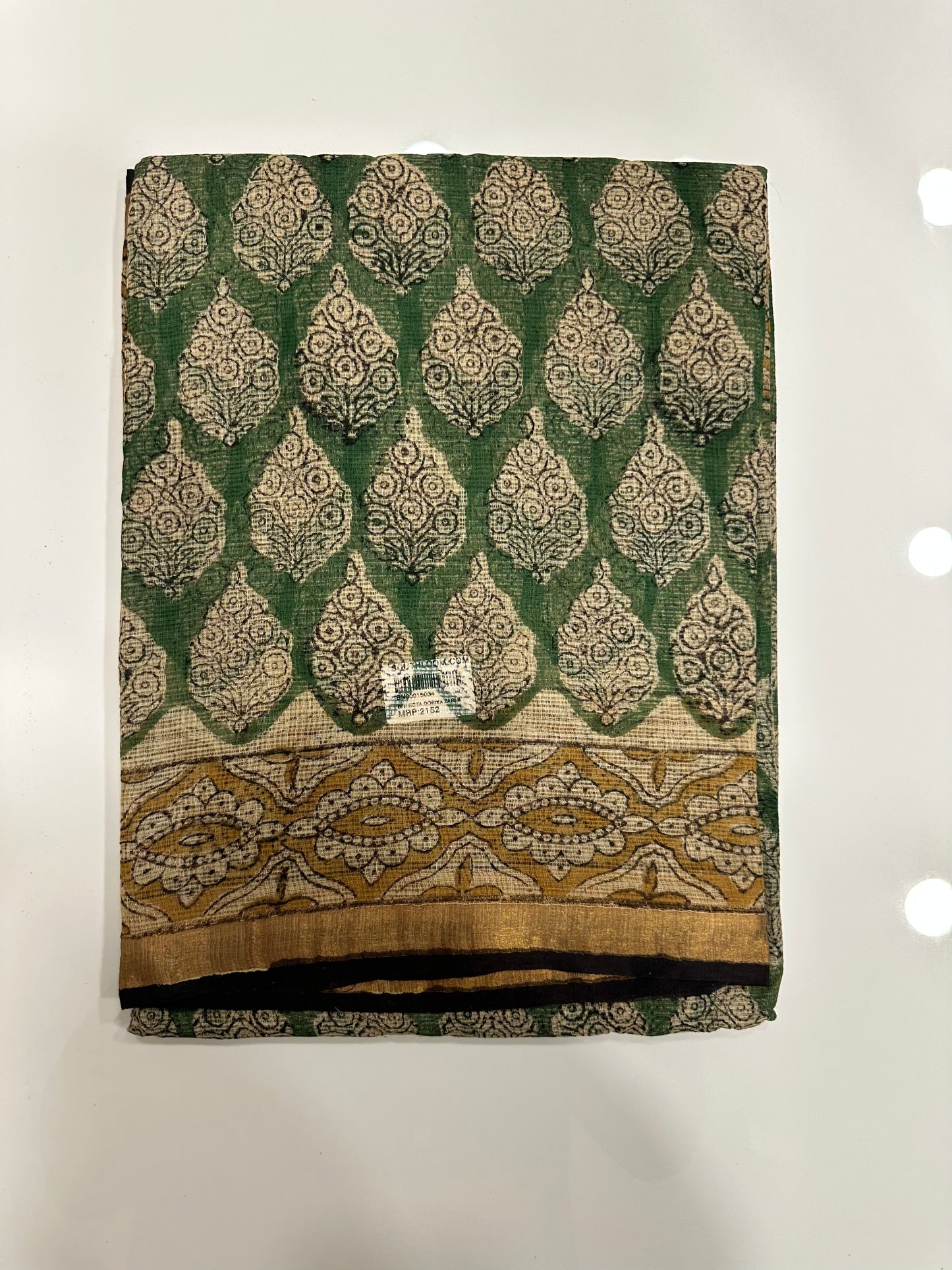 Southloom Kota Doria Cotton Saree with Hand Block Print on Green Base