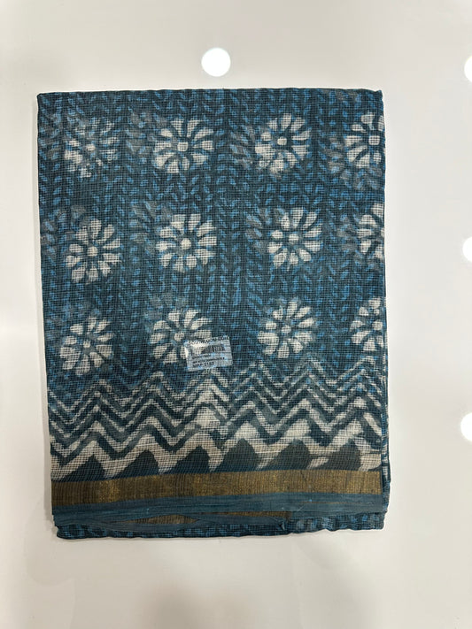 Southloom Kota Doria Cotton Saree with Hand Block Print on Blue Base