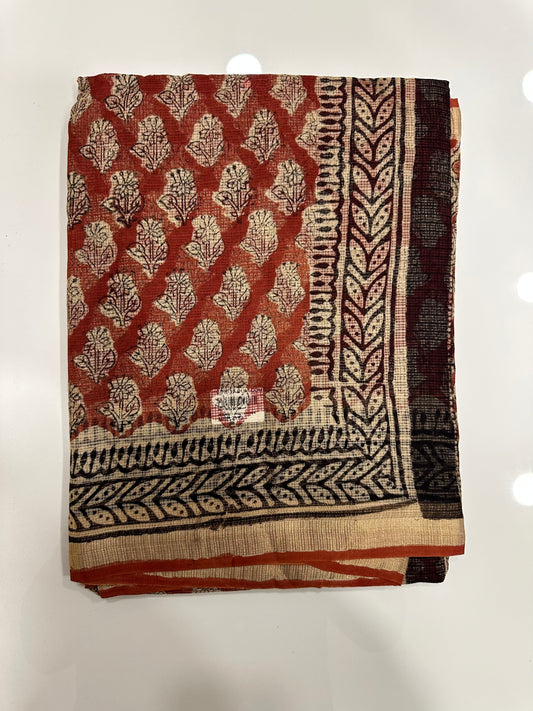 Southloom Kota Doria Cotton Saree with Hand Block Print on Brick Red Base