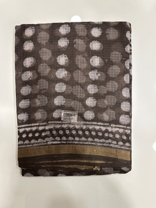 Southloom Kota Doria Cotton Saree with Hand Block Print on Greyish Base