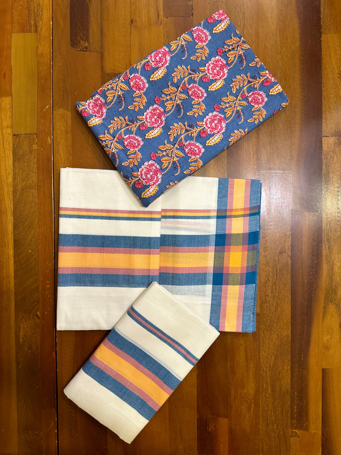 Southloom Mulloth Soft Cotton Set Mundu with Jaipur Printed Blouse Piece (2.60 M Neriyathu / Blouse 1 Meter)