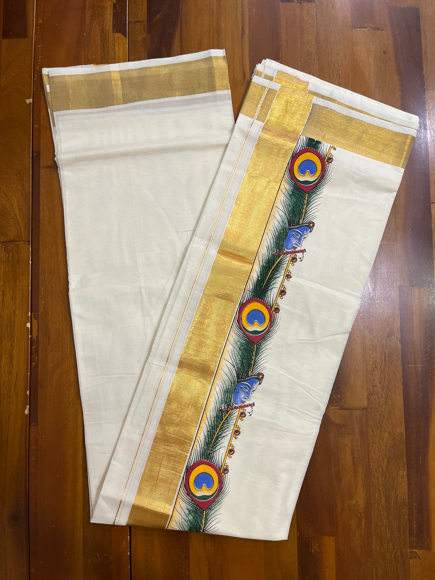 Southloom Kasavu Double Mundu with Printed Mural Art Design Along the Kara