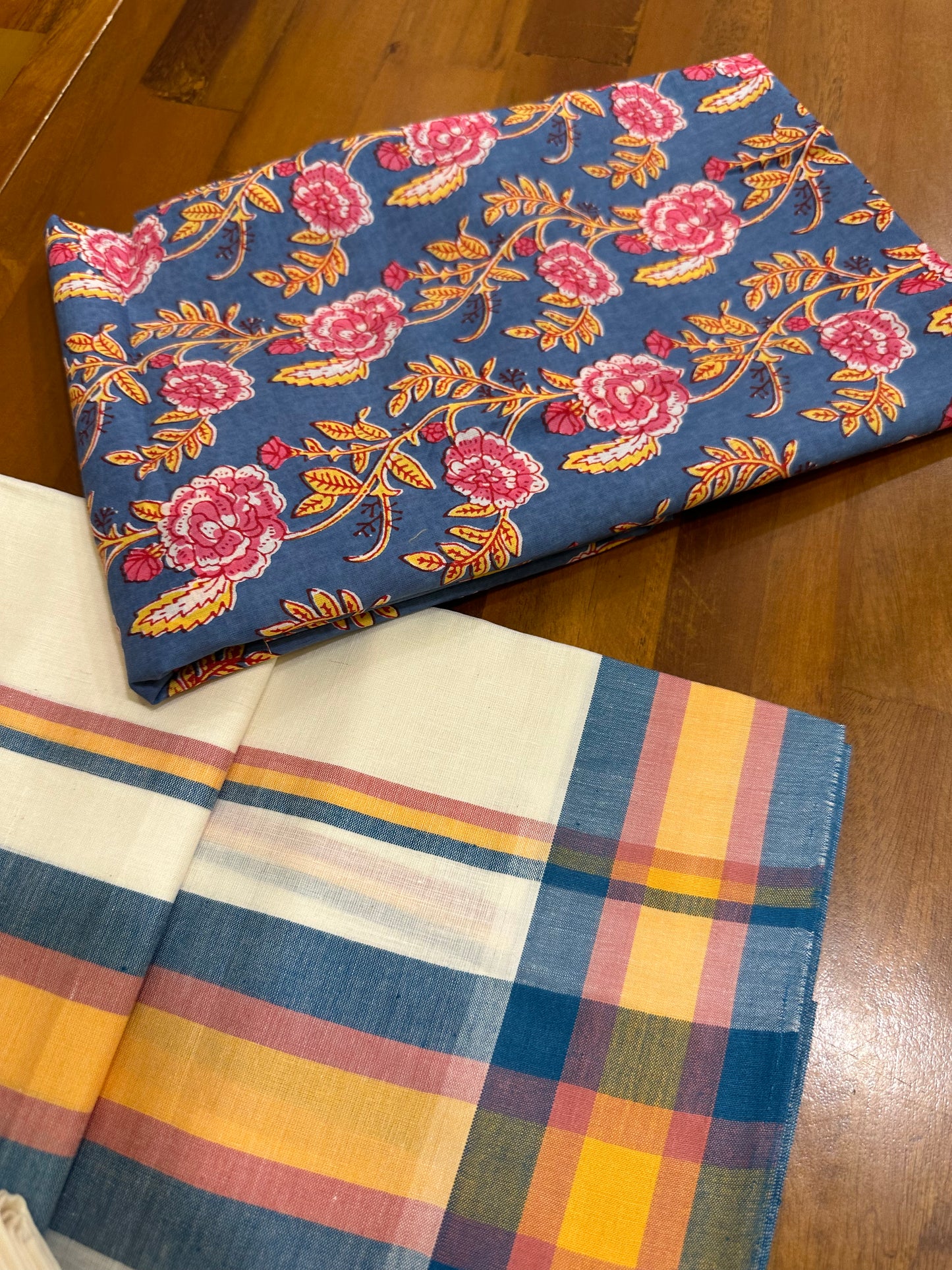 Southloom Mulloth Soft Cotton Set Mundu with Jaipur Printed Blouse Piece (2.60 M Neriyathu / Blouse 1 Meter)