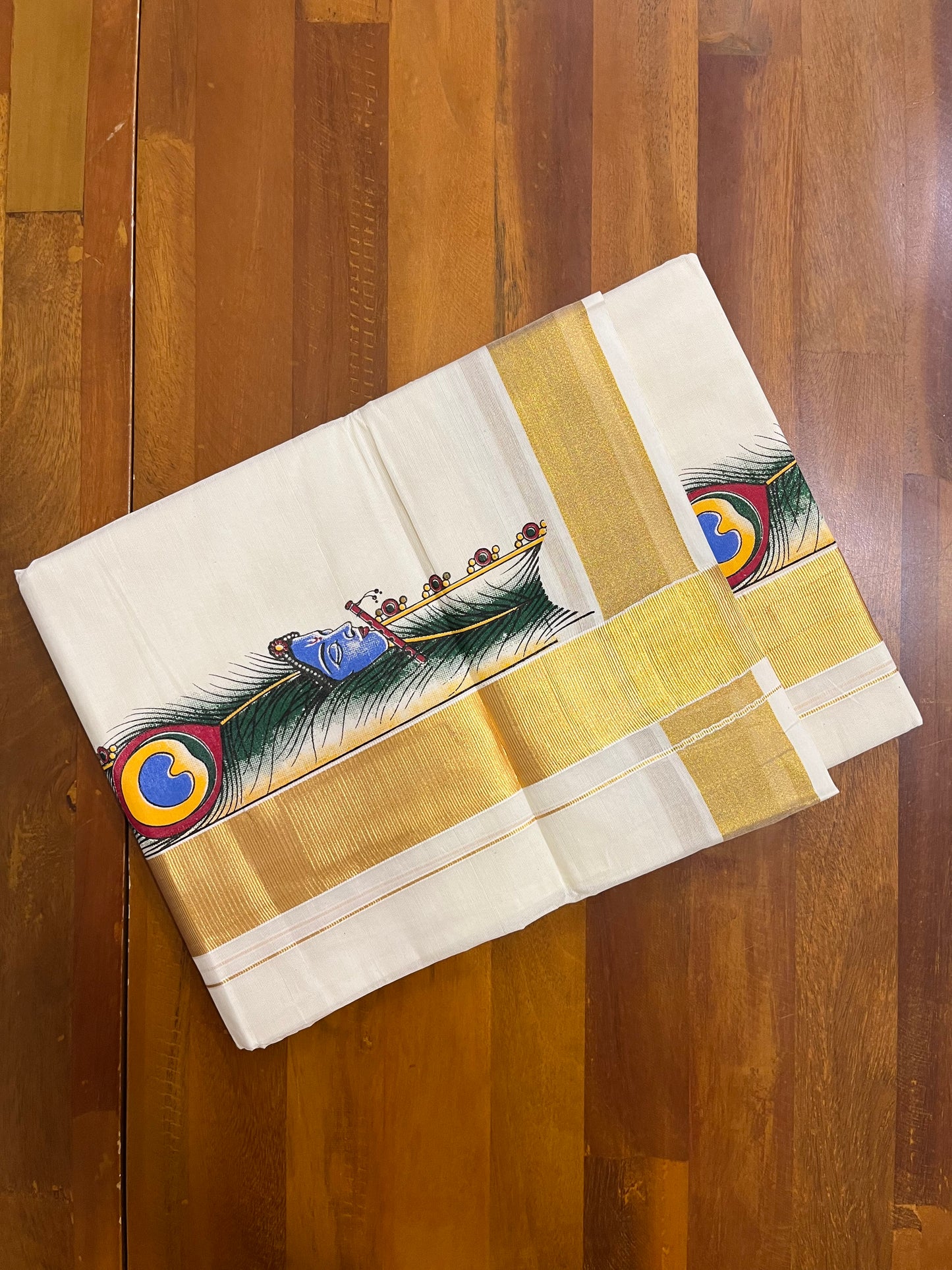 Southloom Kasavu Double Mundu with Printed Mural Art Design Along the Kara