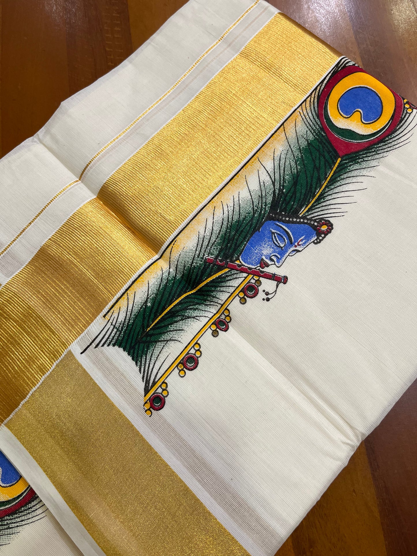 Southloom Kasavu Double Mundu with Printed Mural Art Design Along the Kara