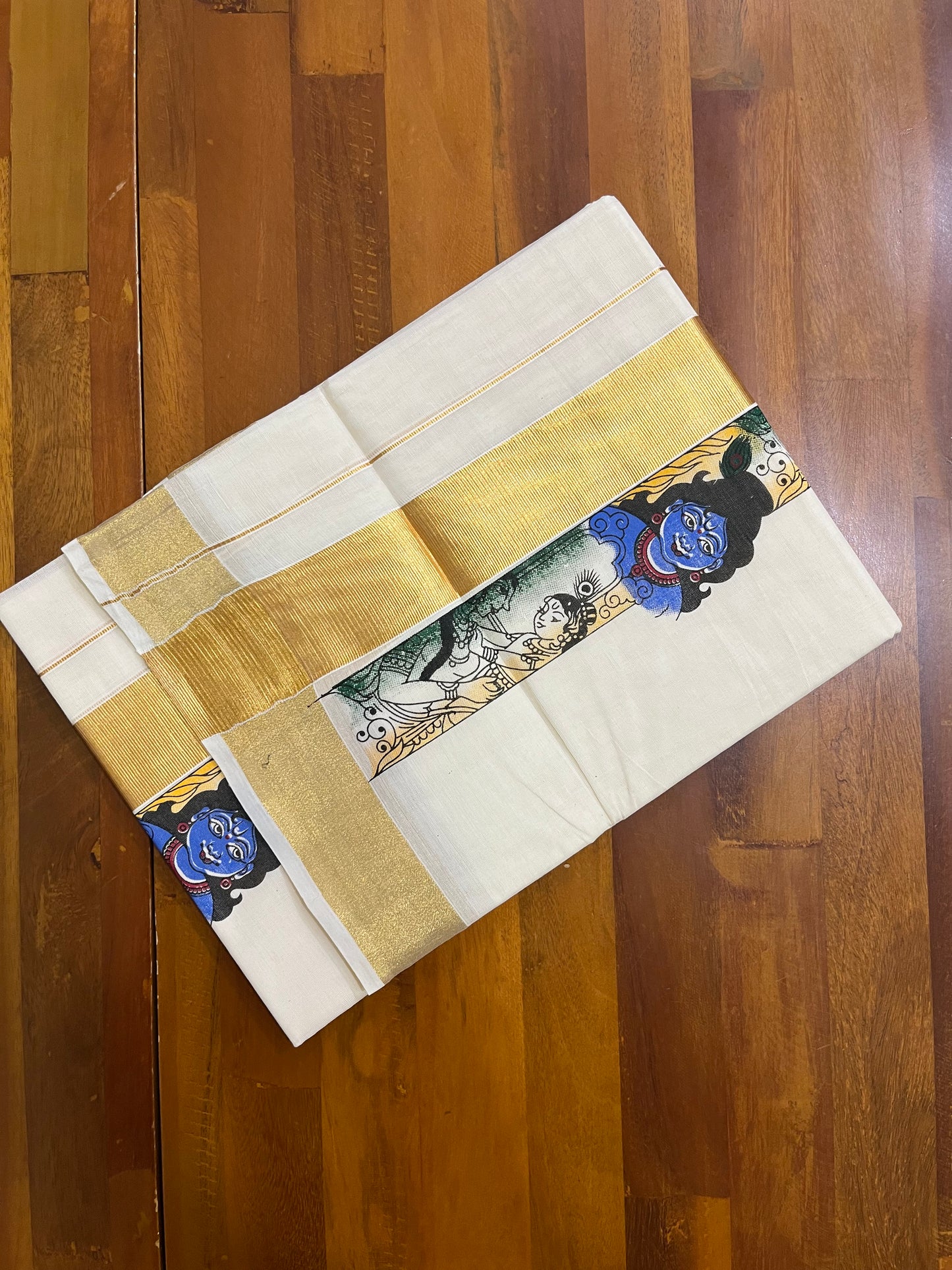 Southloom Kasavu Double Mundu with Printed Mural Art Design Along the Kara