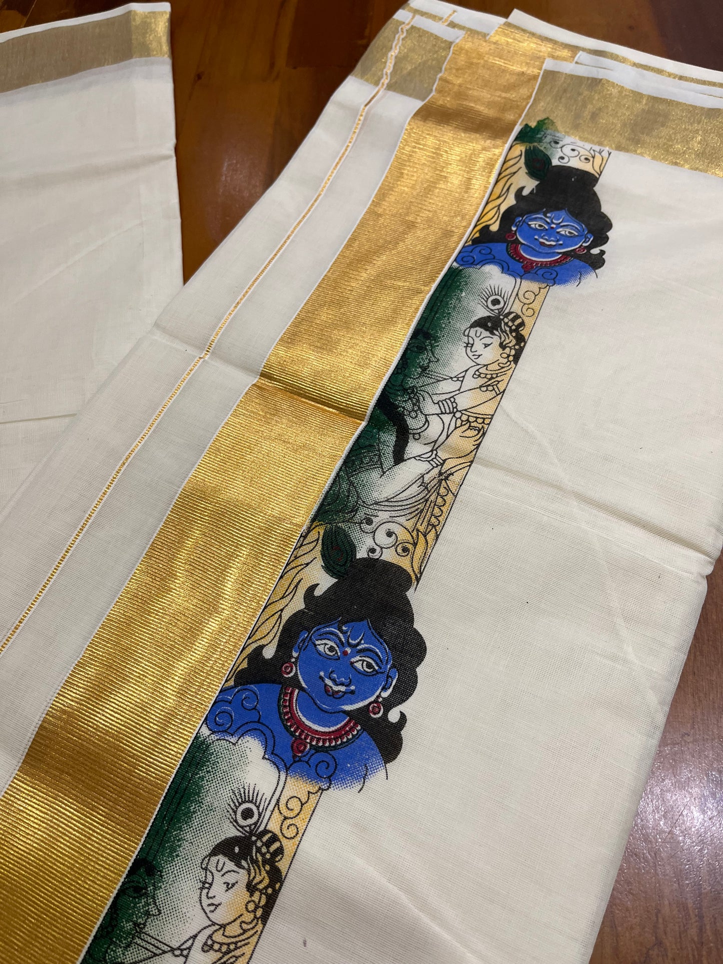 Southloom Kasavu Double Mundu with Printed Mural Art Design Along the Kara