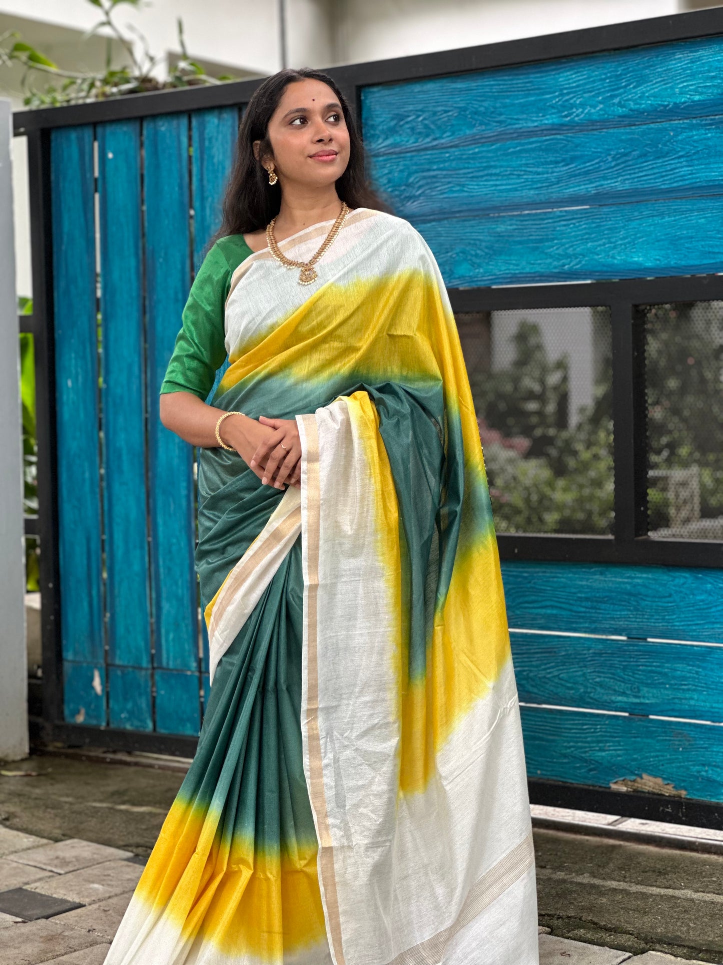 Southloom Semi Tussar Kerala Saree with Yellow and Green Dyed Pattern