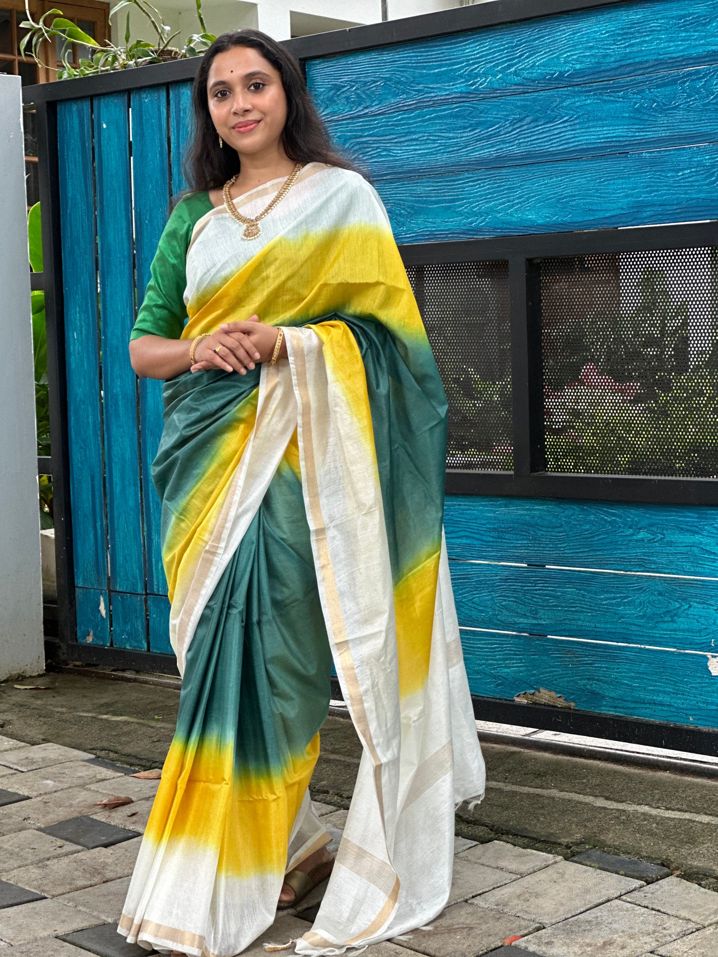 Southloom Semi Tussar Kerala Saree with Yellow and Green Dyed Pattern