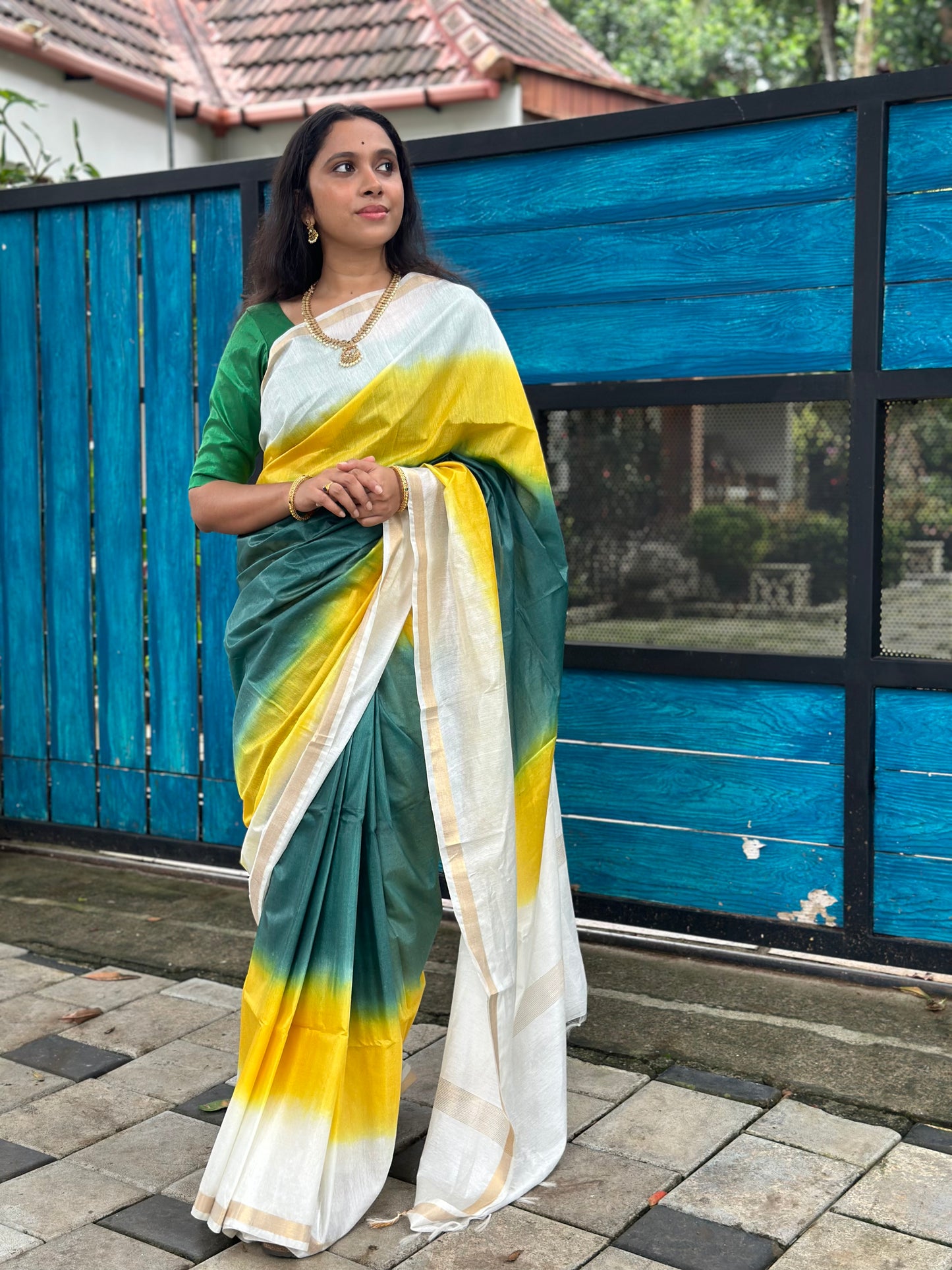 Southloom Semi Tussar Kerala Saree with Yellow and Green Dyed Pattern