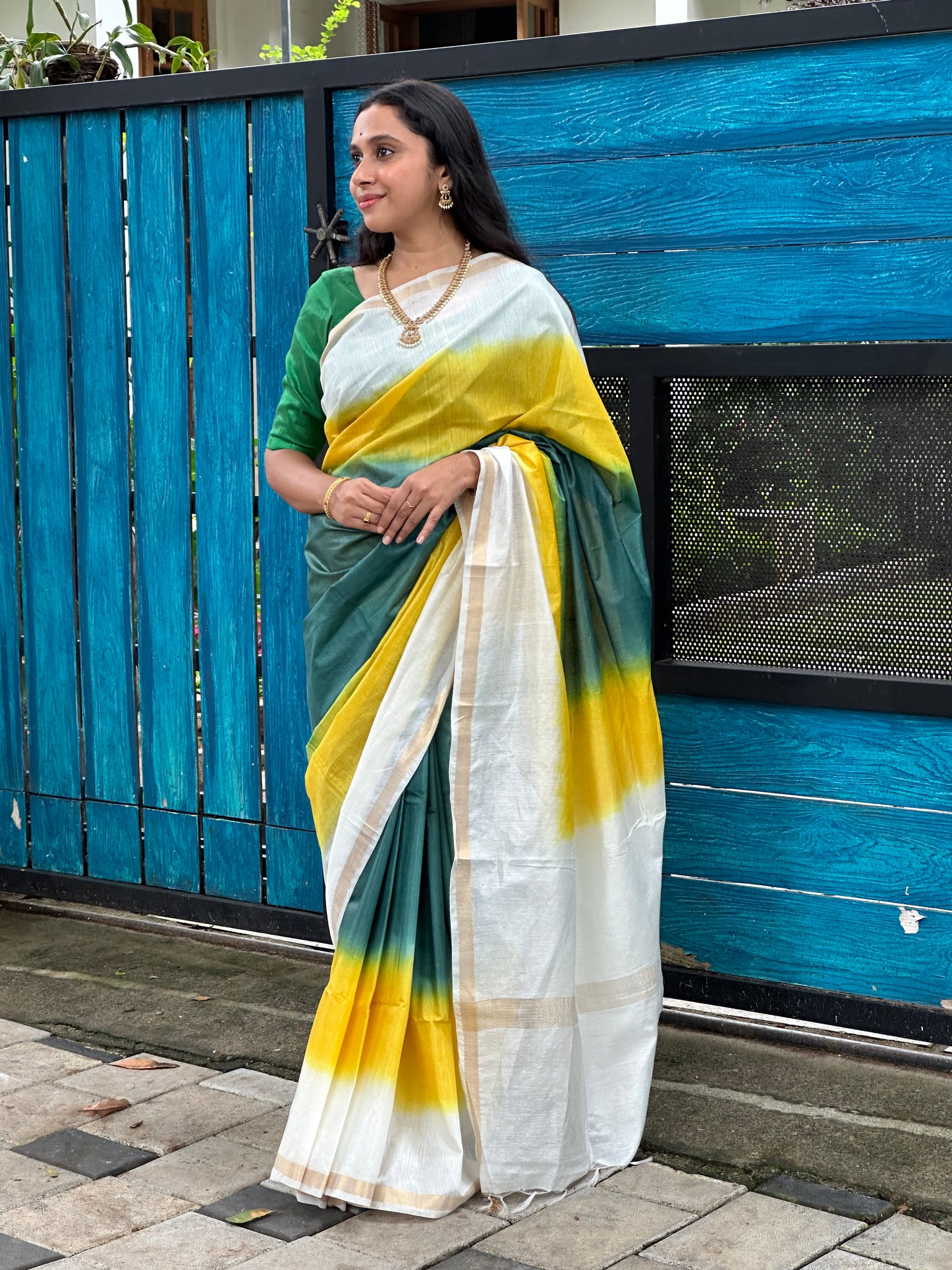 Southloom Semi Tussar Kerala Saree with Yellow and Green Dyed Pattern