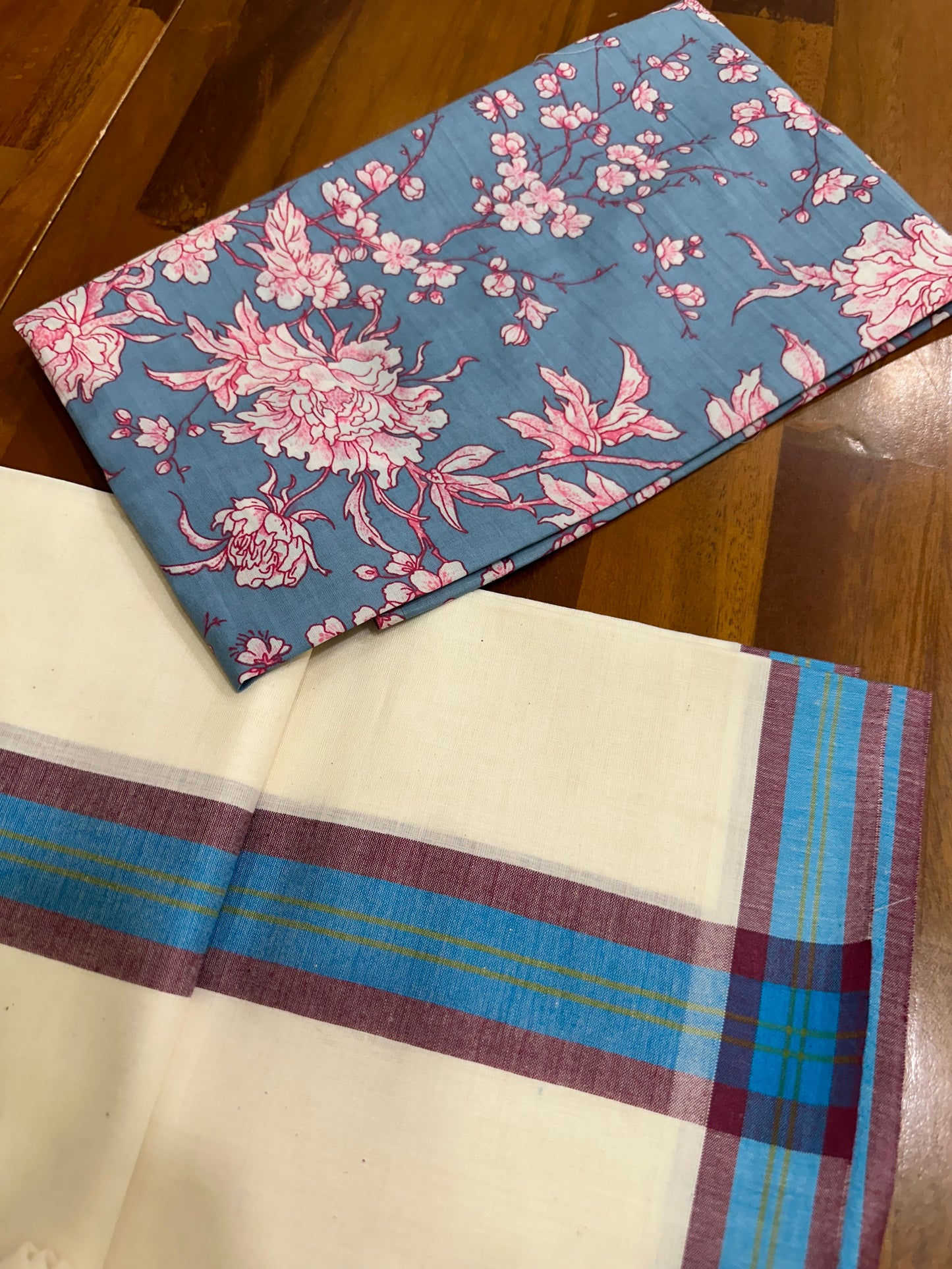 Southloom Mulloth Soft Cotton Set Mundu with Jaipur Printed Blouse Piece (2.60 M Neriyathu / Blouse 1 Meter)