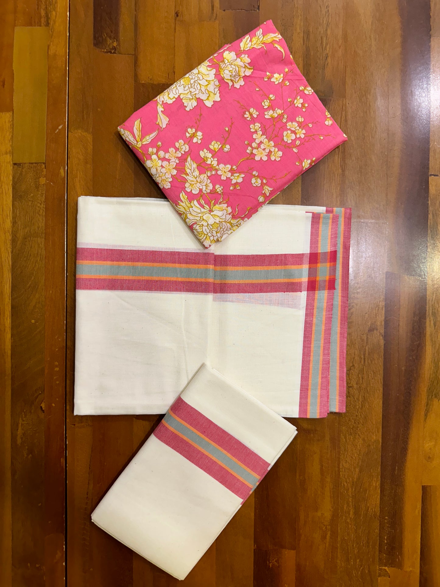 Southloom Mulloth Soft Cotton Set Mundu with Jaipur Printed Blouse Piece (2.60 M Neriyathu / Blouse 1 Meter)