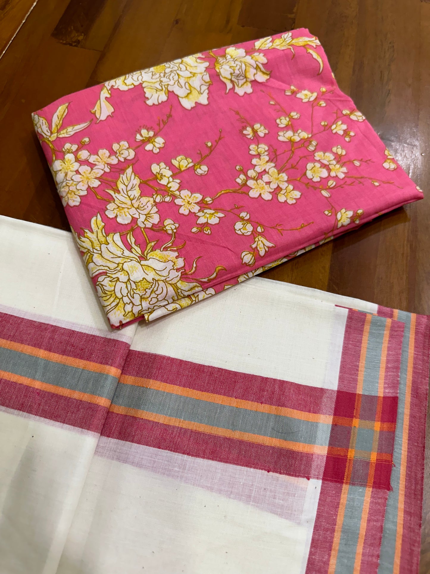 Southloom Mulloth Soft Cotton Set Mundu with Jaipur Printed Blouse Piece (2.60 M Neriyathu / Blouse 1 Meter)