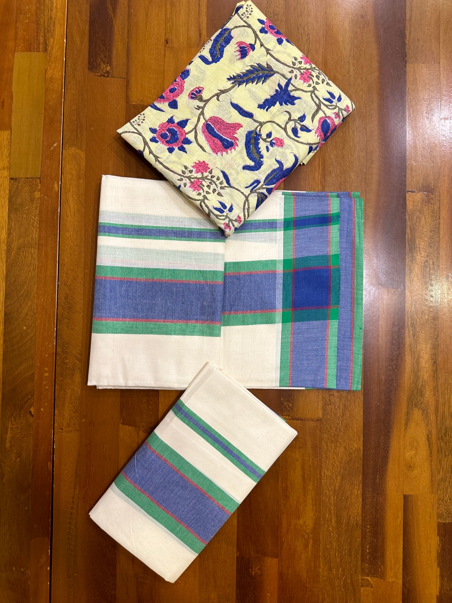 Southloom Mulloth Soft Cotton Set Mundu with Jaipur Printed Blouse Piece (2.60 M Neriyathu / Blouse 1 Meter)