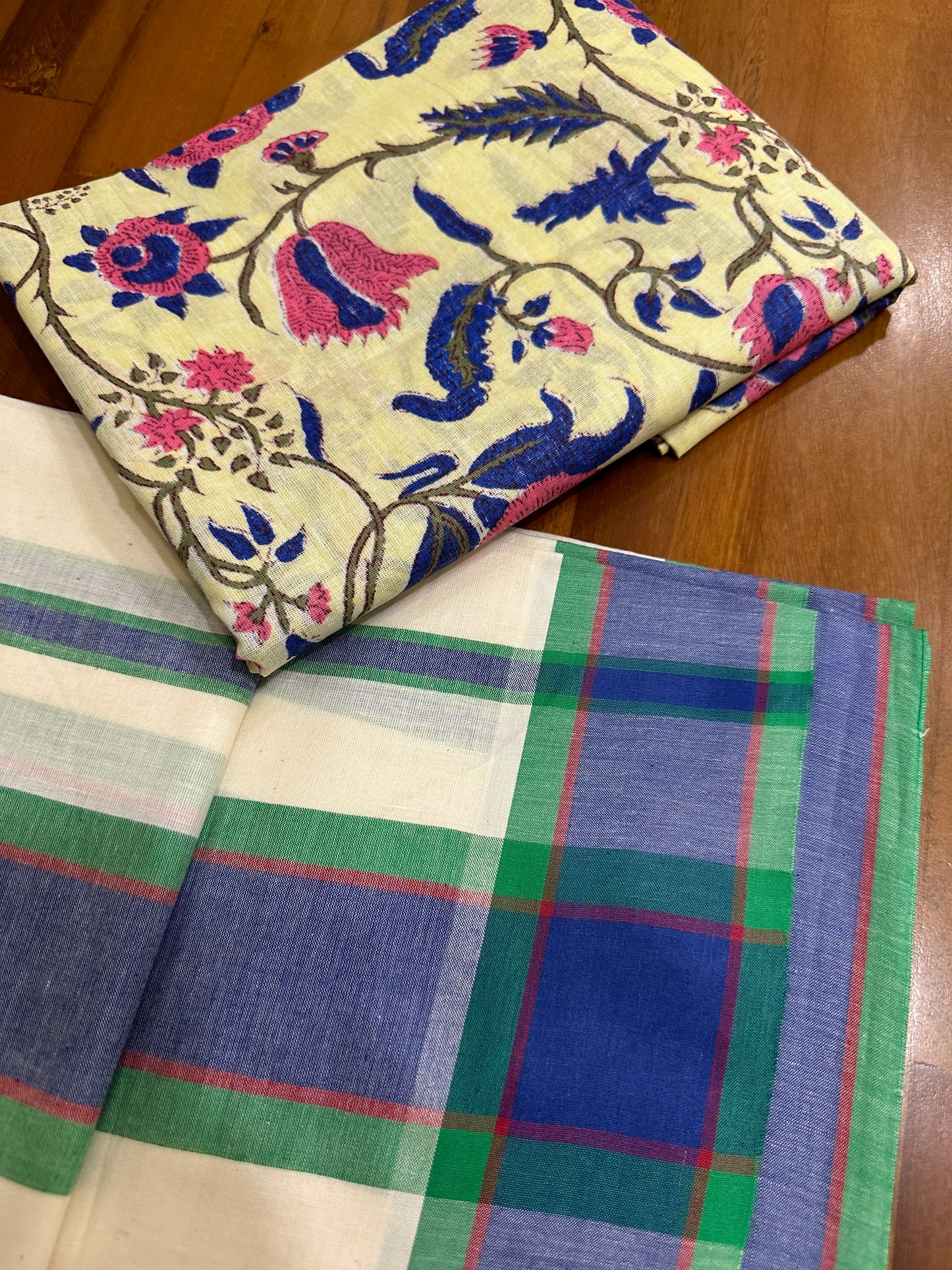 Southloom Mulloth Soft Cotton Set Mundu with Jaipur Printed Blouse Piece (2.60 M Neriyathu / Blouse 1 Meter)