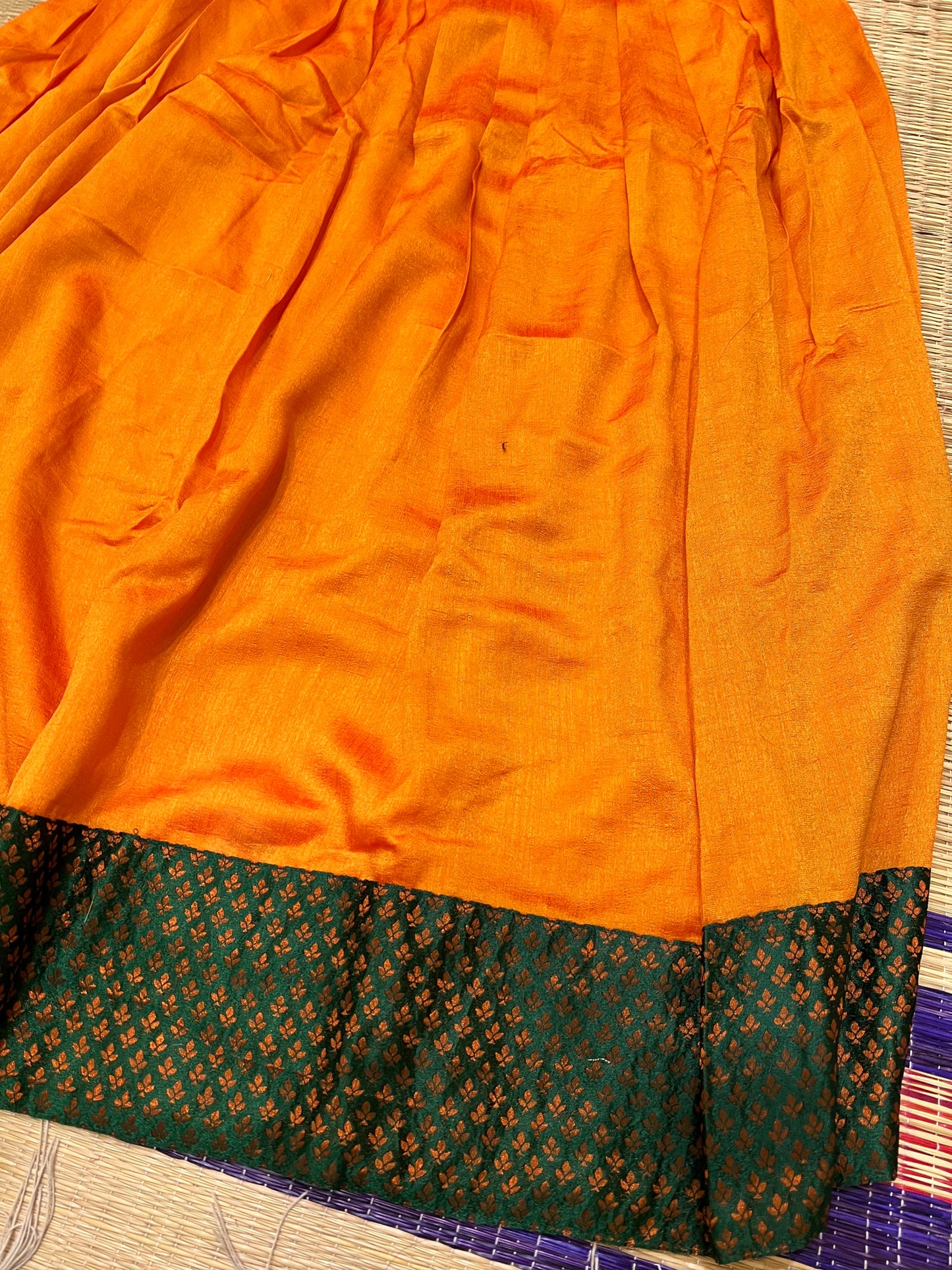 Semi Stitched Semi Silk Dark Orange Dhavani Set with Green Designer Neriyathu and Blouse Piece