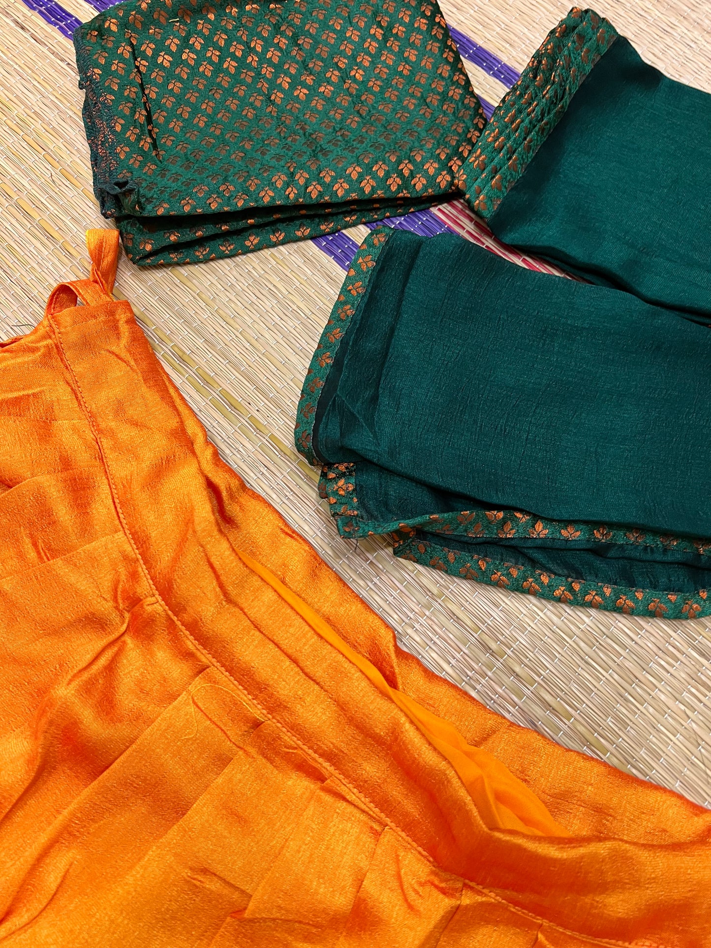 Semi Stitched Semi Silk Dark Orange Dhavani Set with Green Designer Neriyathu and Blouse Piece