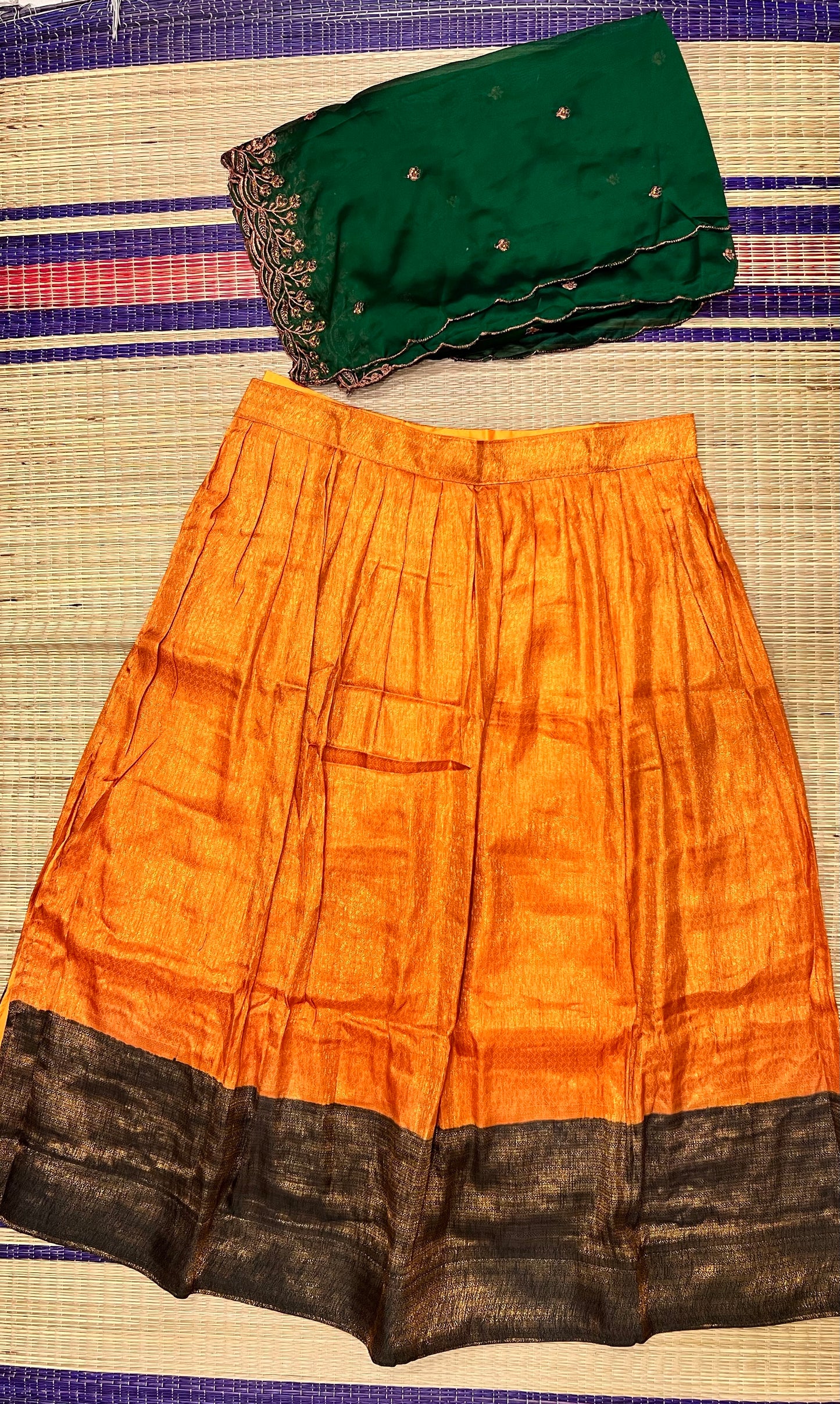 Semi Stitched Premium Semi Silk Dark Orange Dhavani Set with Green Designer Neriyathu and Blouse Piece