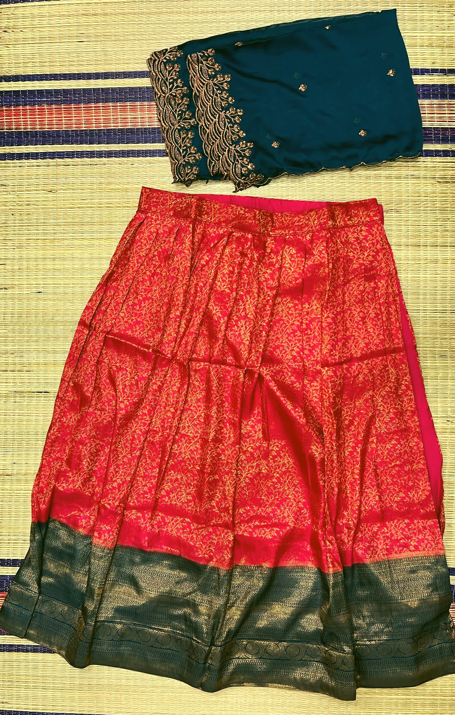 Semi Stitched Premium Semi Silk Dark Pink Dhavani Set with Teal Blue Designer Neriyathu and Blouse Piece