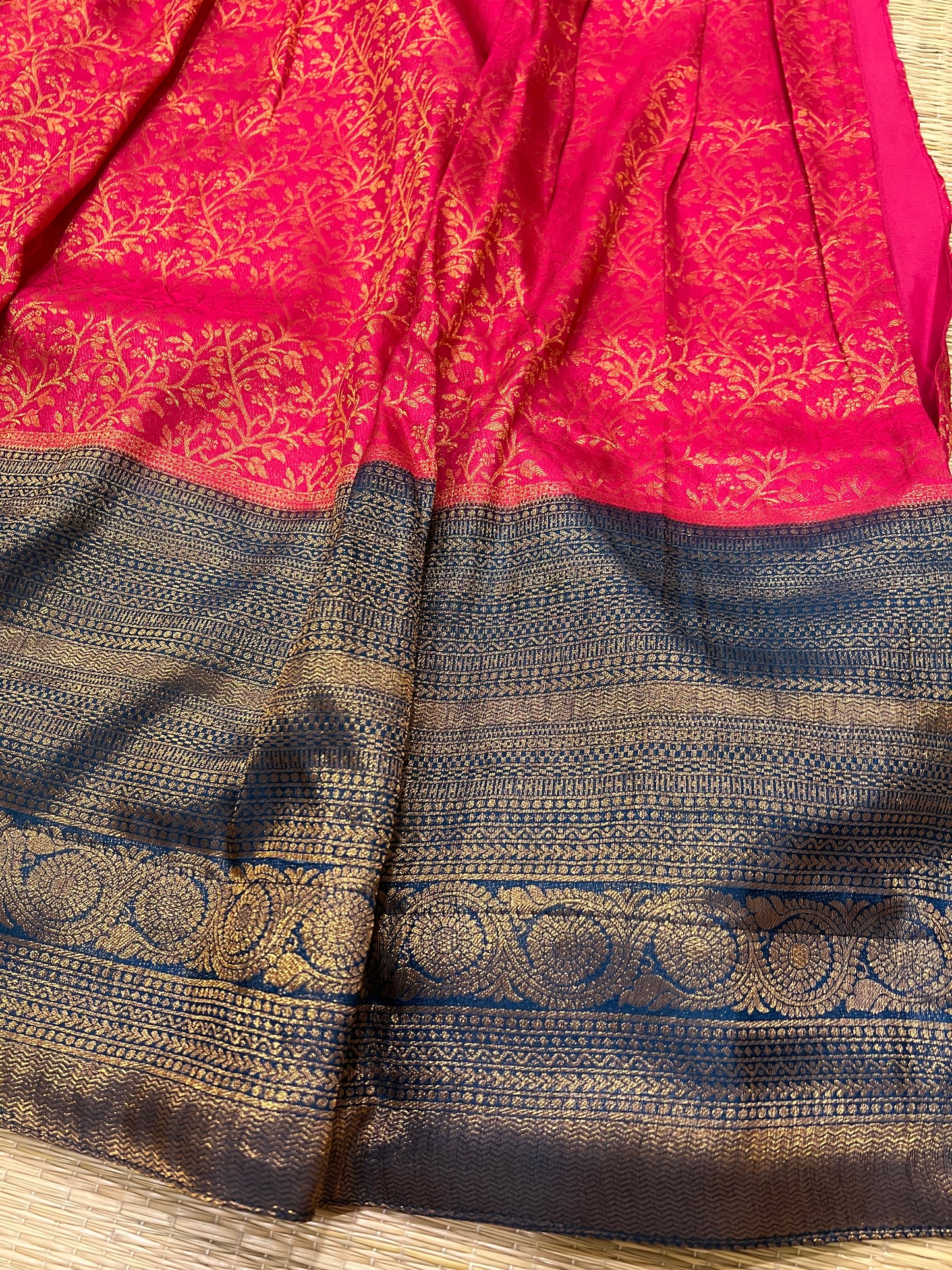 Semi Stitched Premium Semi Silk Dark Pink Dhavani Set with Teal Blue Designer Neriyathu and Blouse Piece