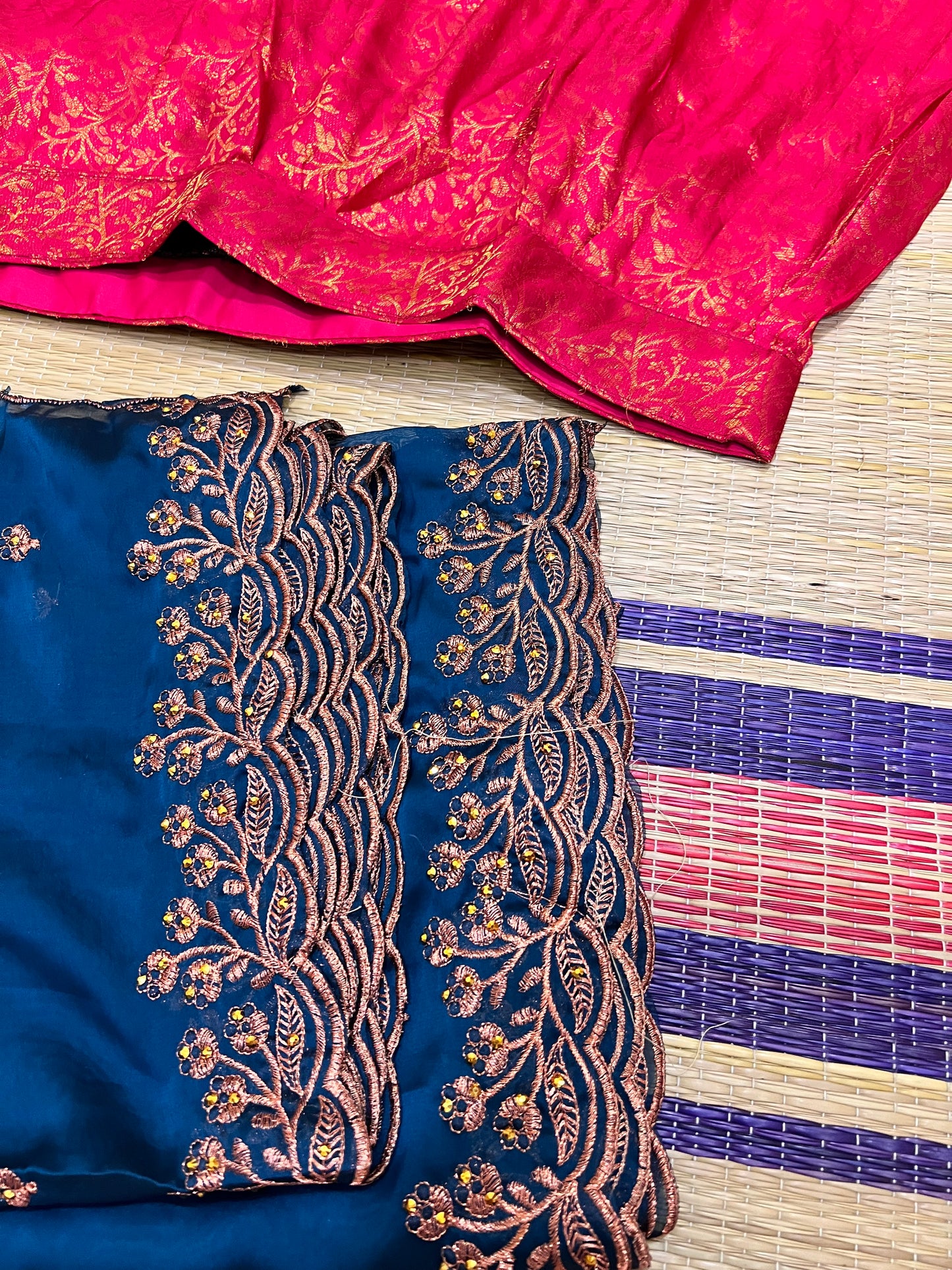 Semi Stitched Premium Semi Silk Dark Pink Dhavani Set with Teal Blue Designer Neriyathu and Blouse Piece