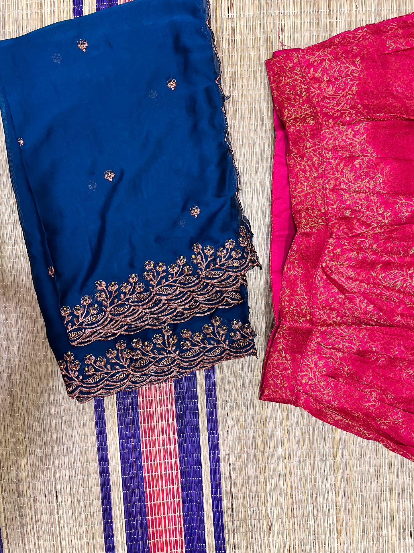 Semi Stitched Premium Semi Silk Dark Pink Dhavani Set with Teal Blue Designer Neriyathu and Blouse Piece