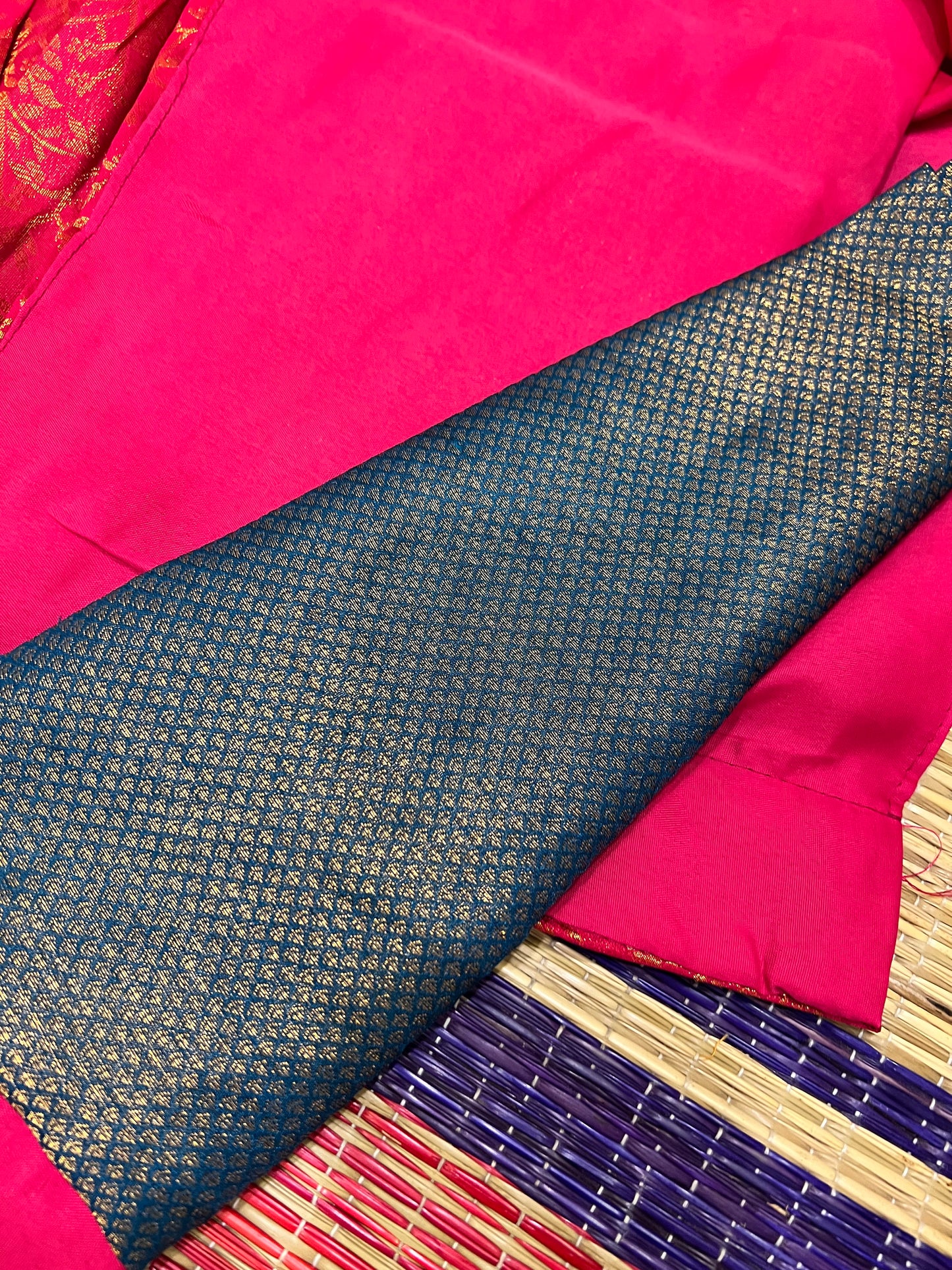 Semi Stitched Premium Semi Silk Dark Pink Dhavani Set with Teal Blue Designer Neriyathu and Blouse Piece