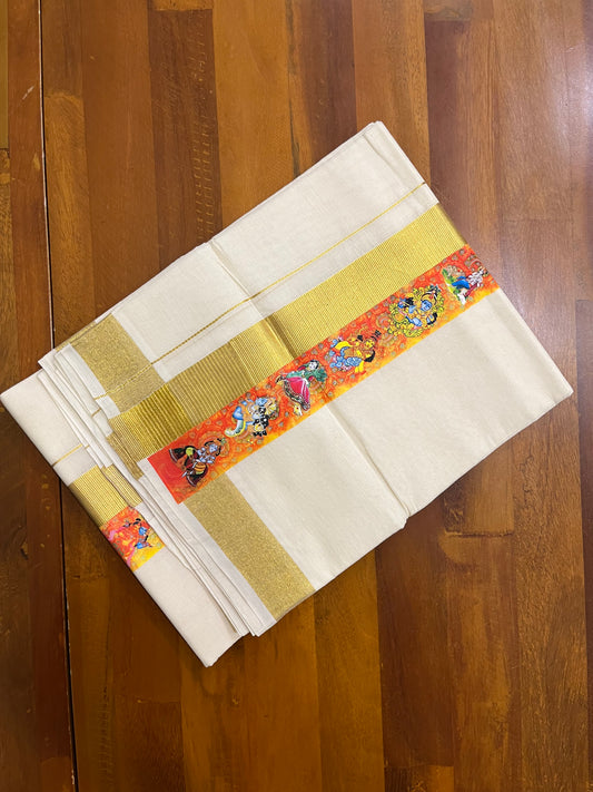 Southloom Kasavu Double Mundu with High Definition Temple Art Print Along Kara