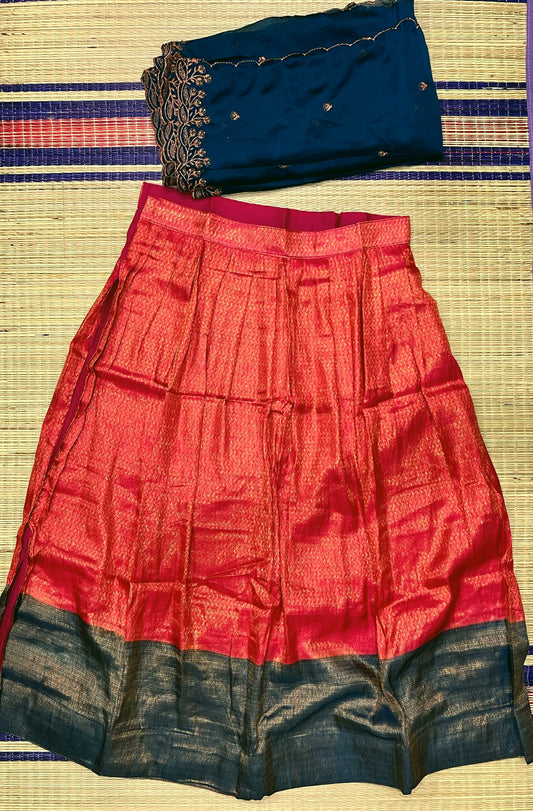 Semi Stitched Premium Semi Silk Dark Pink Dhavani Set with Teal Blue Designer Neriyathu and Blouse Piece