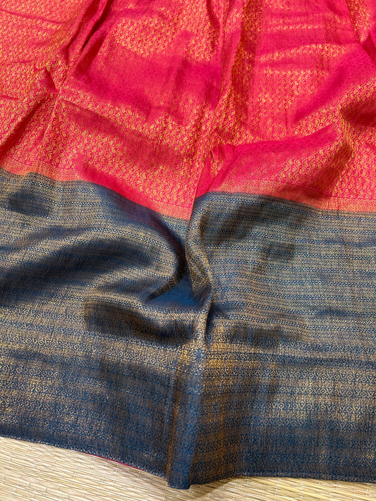 Semi Stitched Premium Semi Silk Dark Pink Dhavani Set with Teal Blue Designer Neriyathu and Blouse Piece