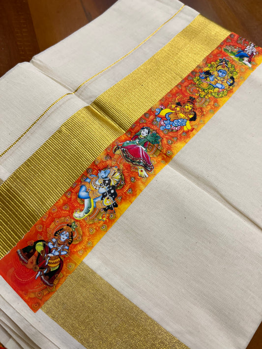 Southloom Kasavu Double Mundu with High Definition Temple Art Print Along Kara