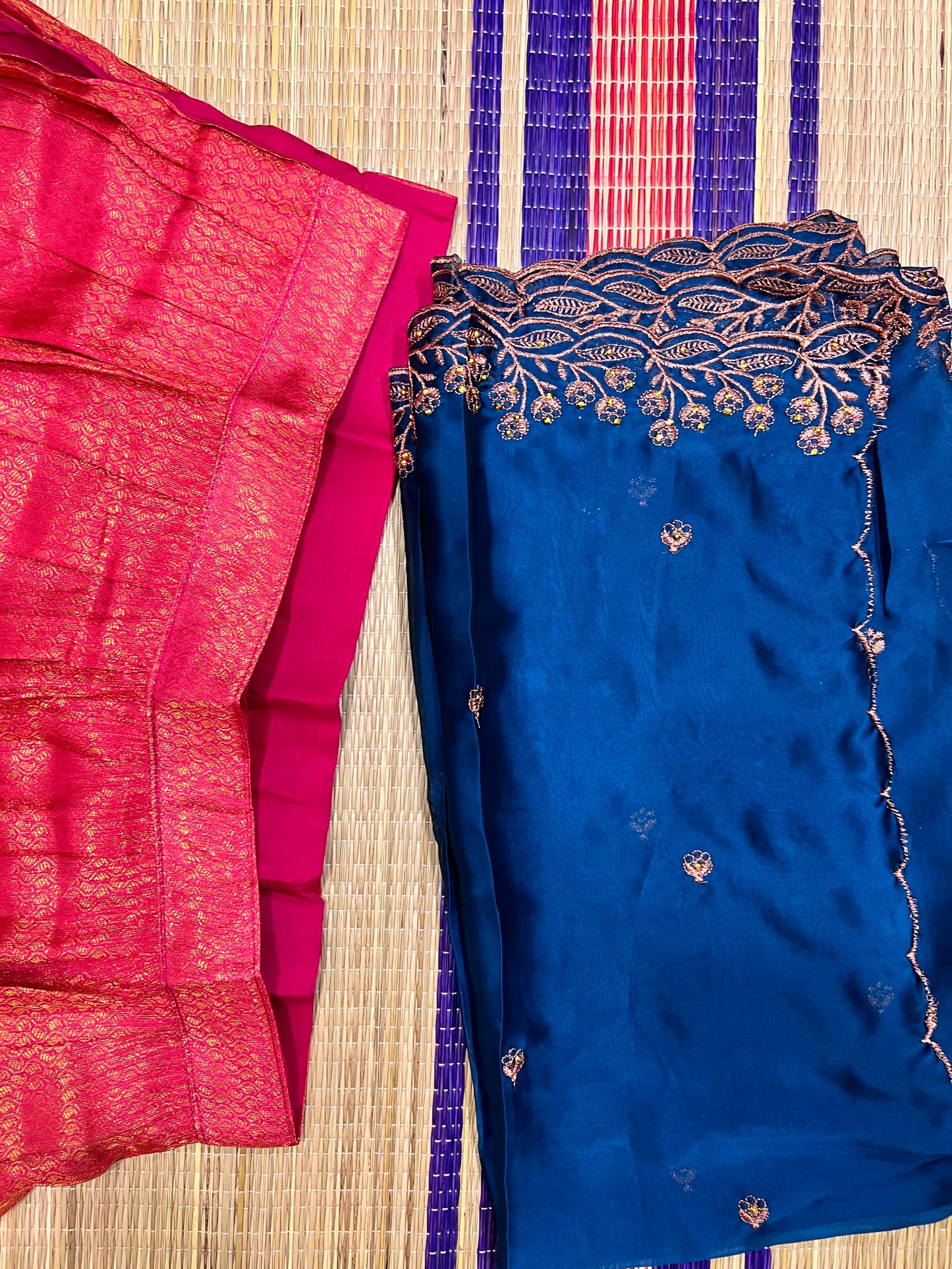 Semi Stitched Premium Semi Silk Dark Pink Dhavani Set with Teal Blue Designer Neriyathu and Blouse Piece