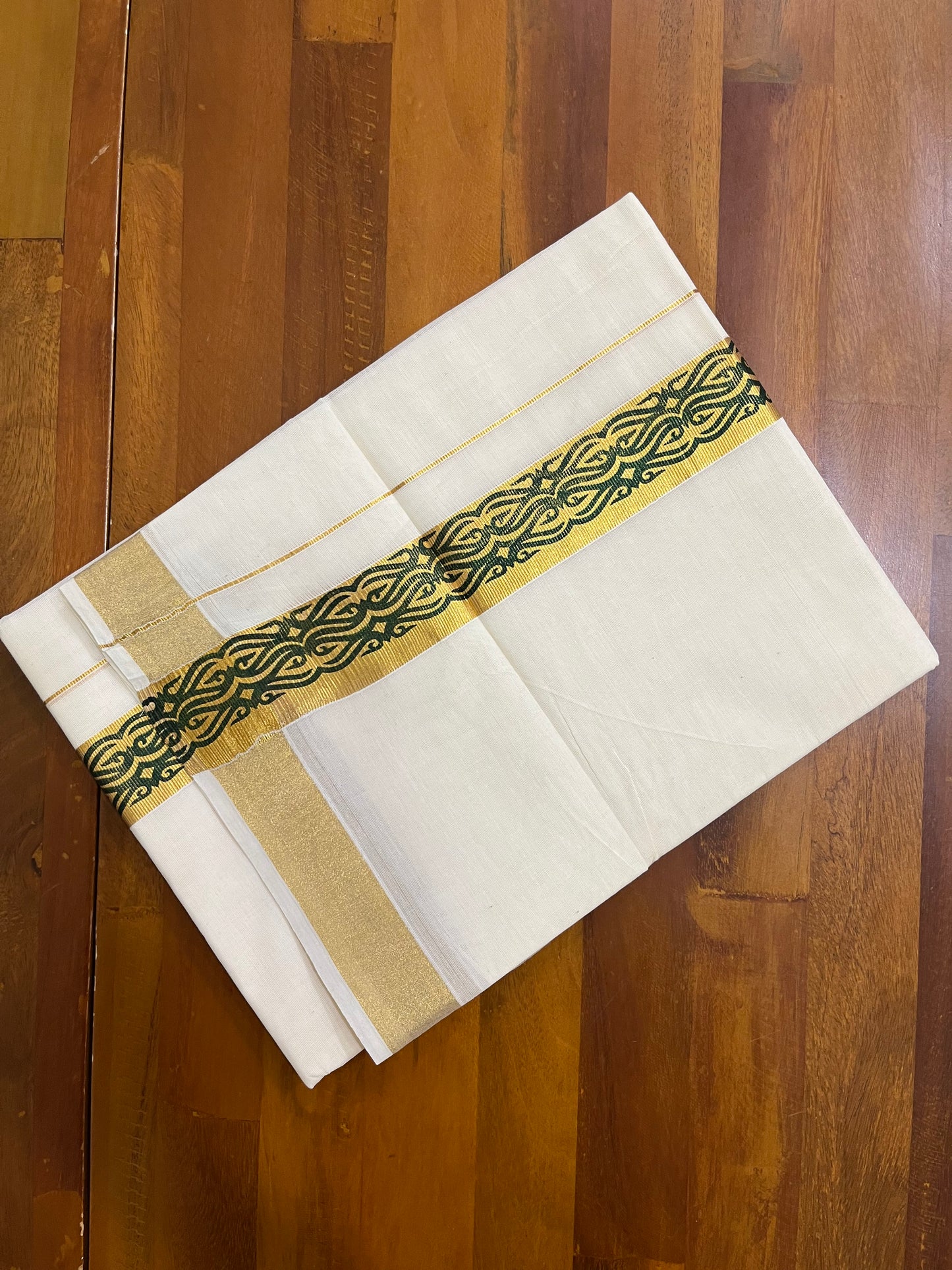 Southloom Kasavu Double Mundu with Green Tribal / Retro Design Print on Kasavu Kara