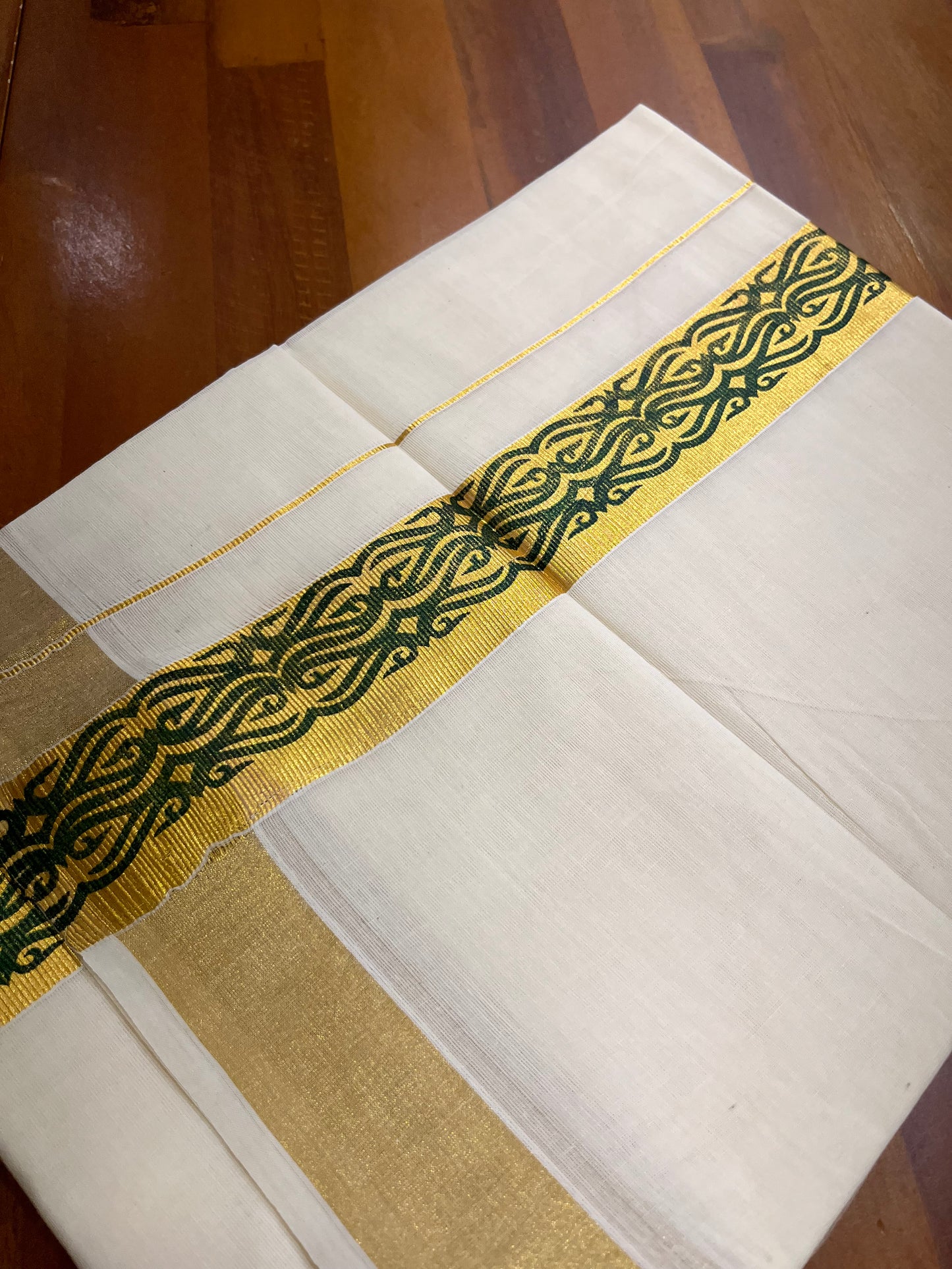 Southloom Kasavu Double Mundu with Green Tribal / Retro Design Print on Kasavu Kara