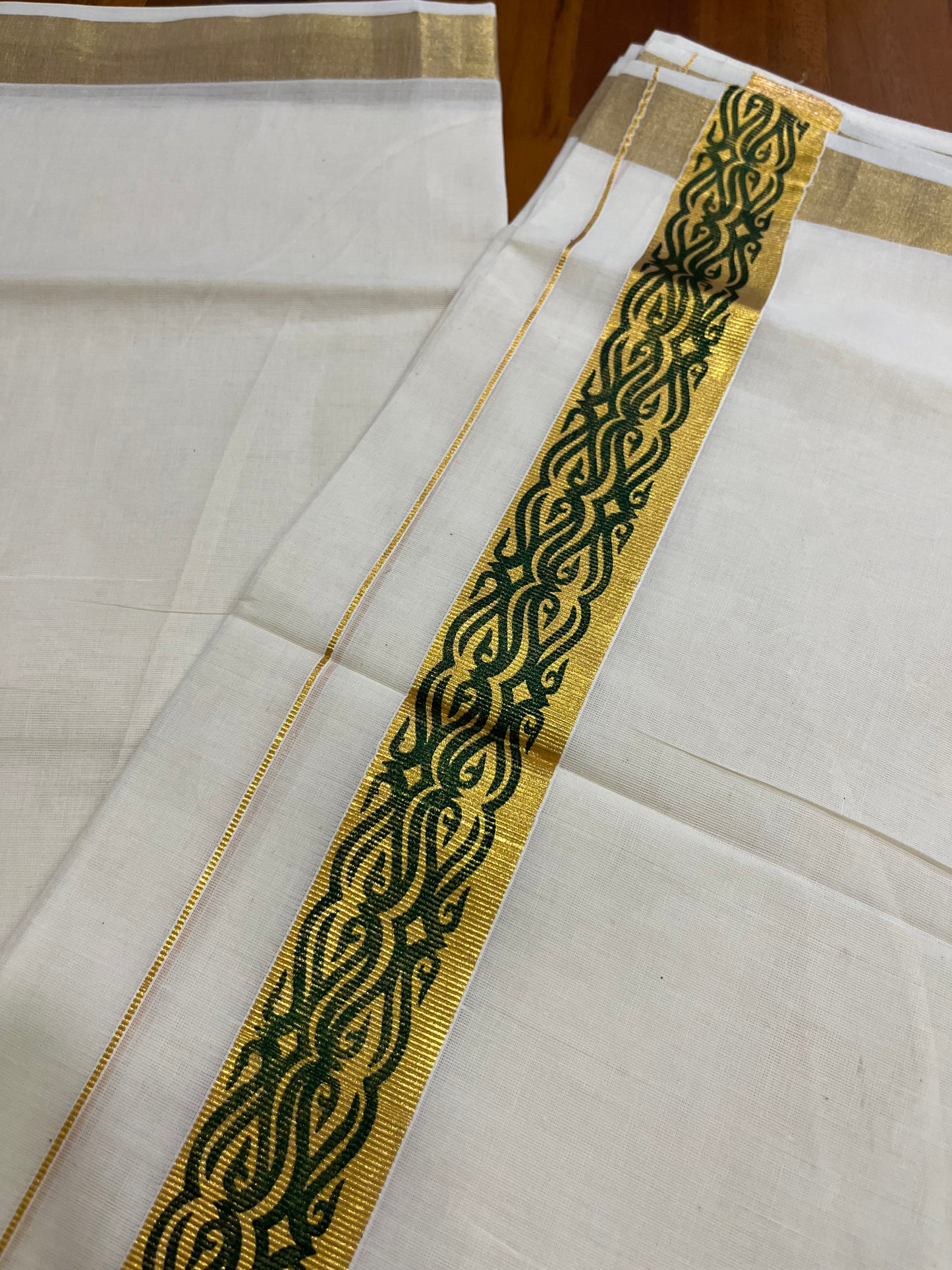 Southloom Kasavu Double Mundu with Green Tribal / Retro Design Print on Kasavu Kara