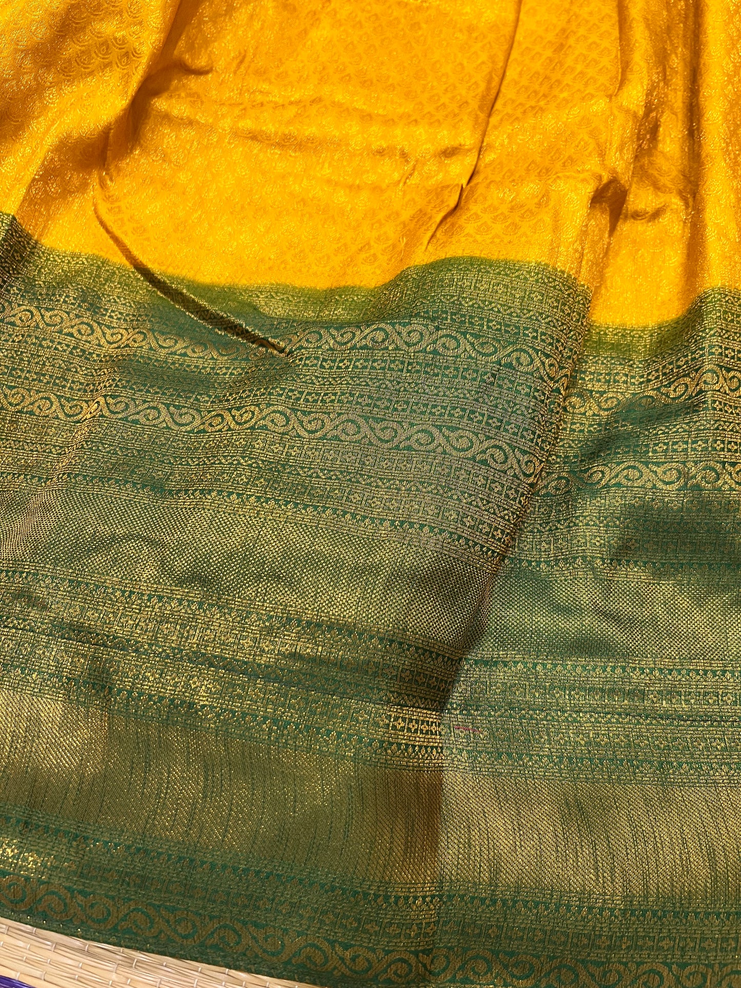 Semi Stitched Premium Semi Silk Yellow Dhavani Set with Green Designer Neriyathu and Blouse Piece