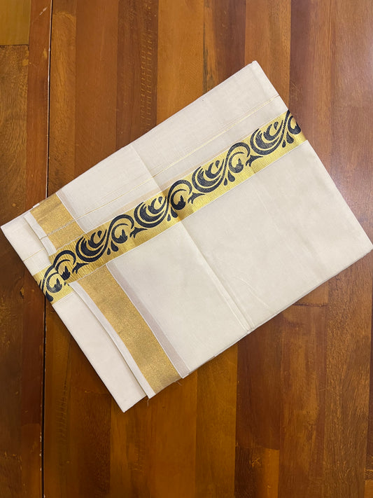 Southloom Kasavu Double Mundu with Black Tribal / Retro Design Print on Kasavu Kara