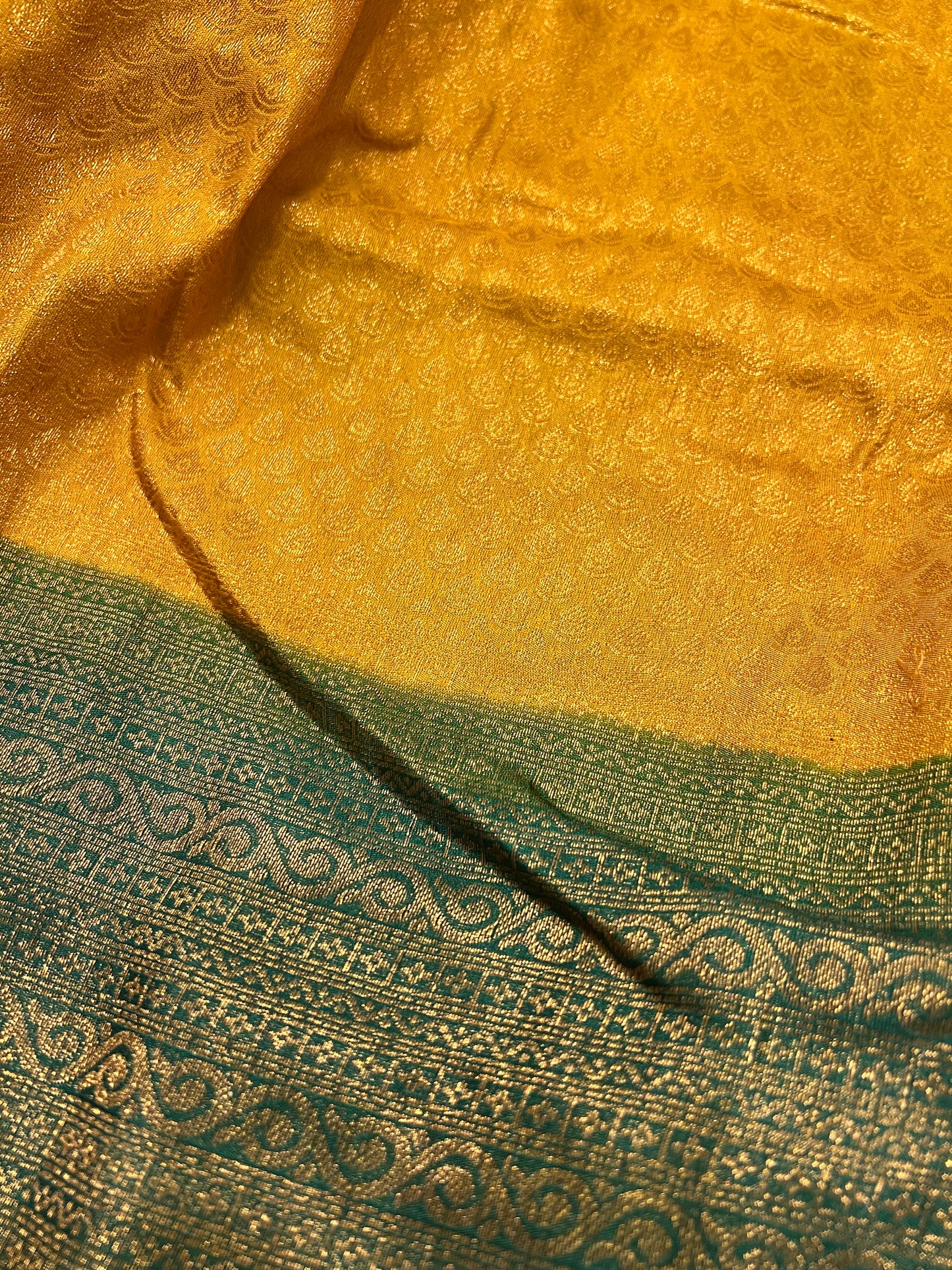 Semi Stitched Premium Semi Silk Yellow Dhavani Set with Green Designer Neriyathu and Blouse Piece