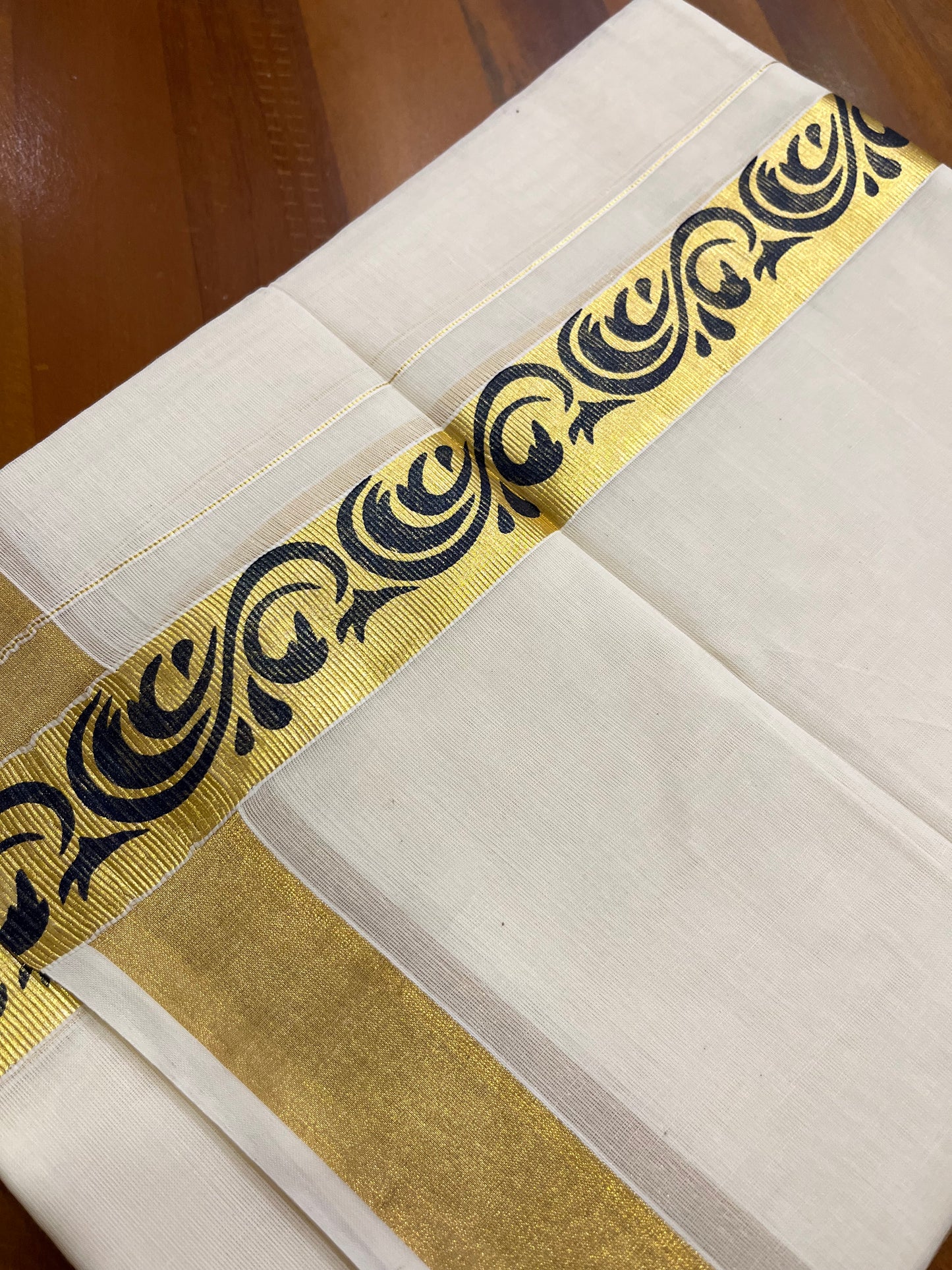 Southloom Kasavu Double Mundu with Black Tribal / Retro Design Print on Kasavu Kara