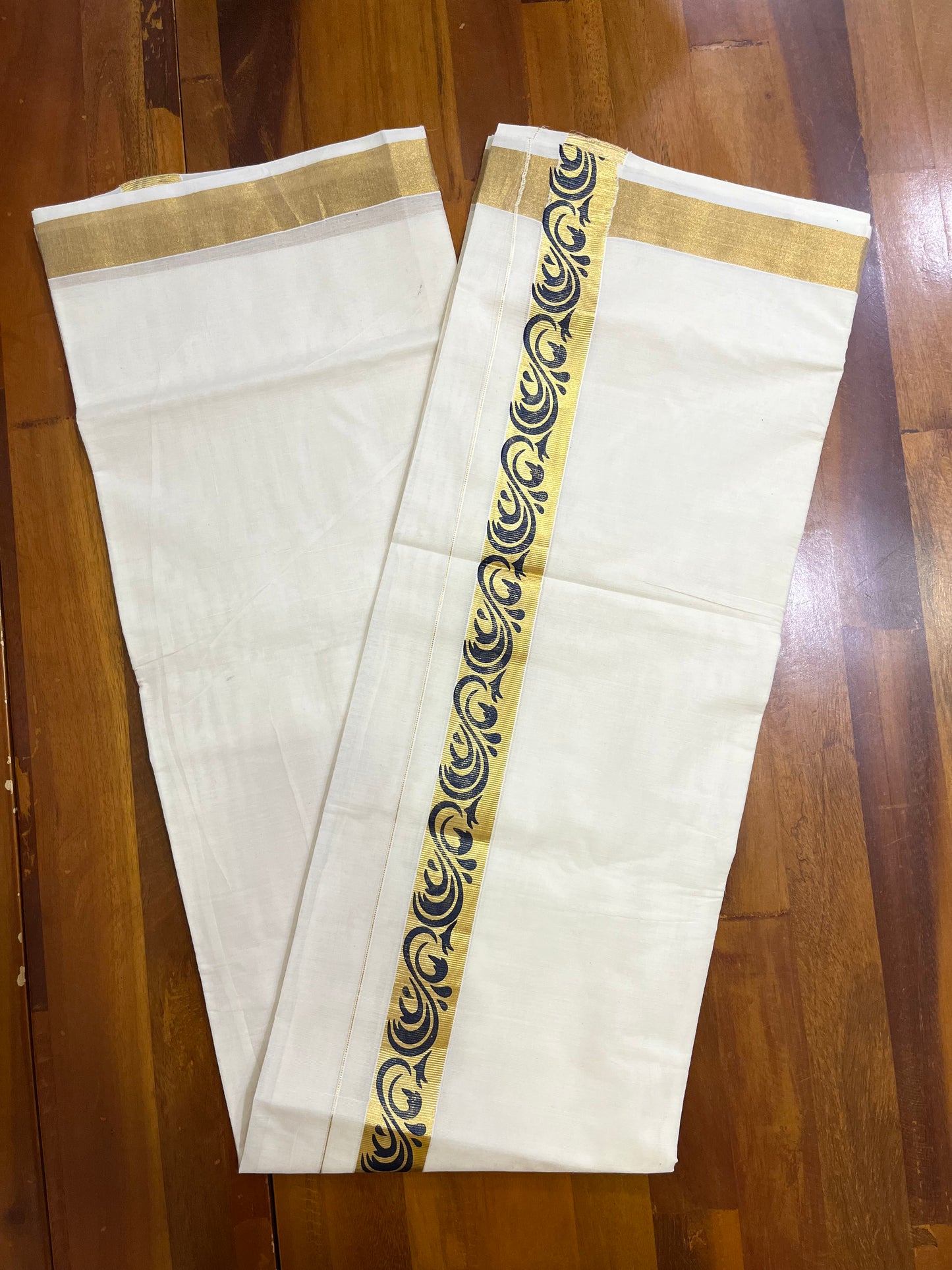 Southloom Kasavu Double Mundu with Black Tribal / Retro Design Print on Kasavu Kara