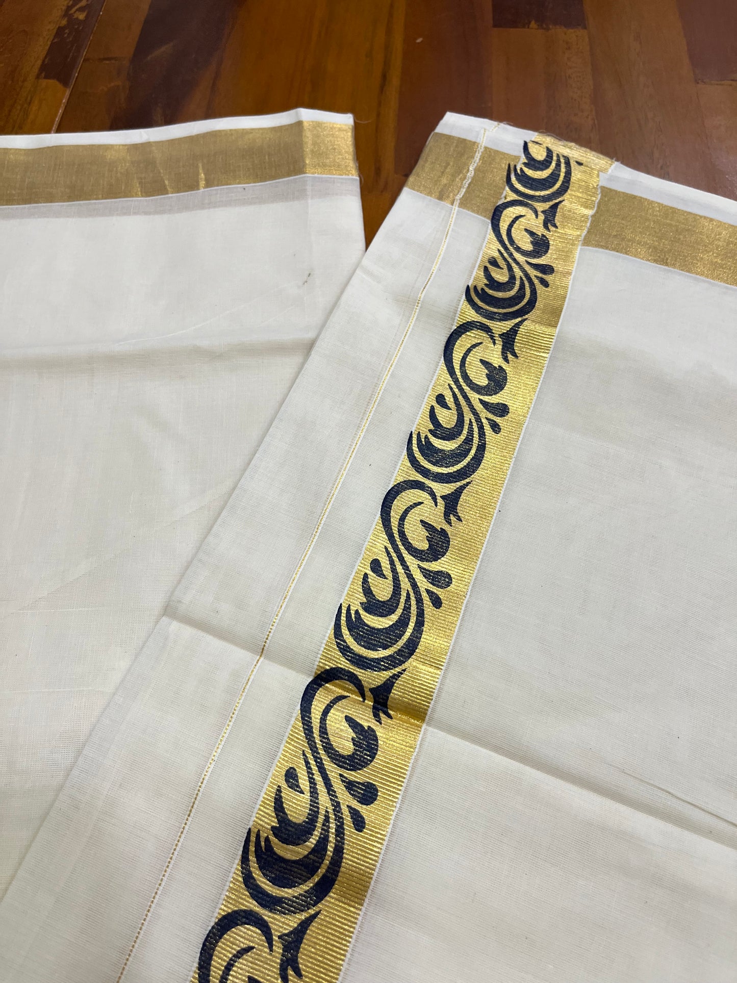 Southloom Kasavu Double Mundu with Black Tribal / Retro Design Print on Kasavu Kara