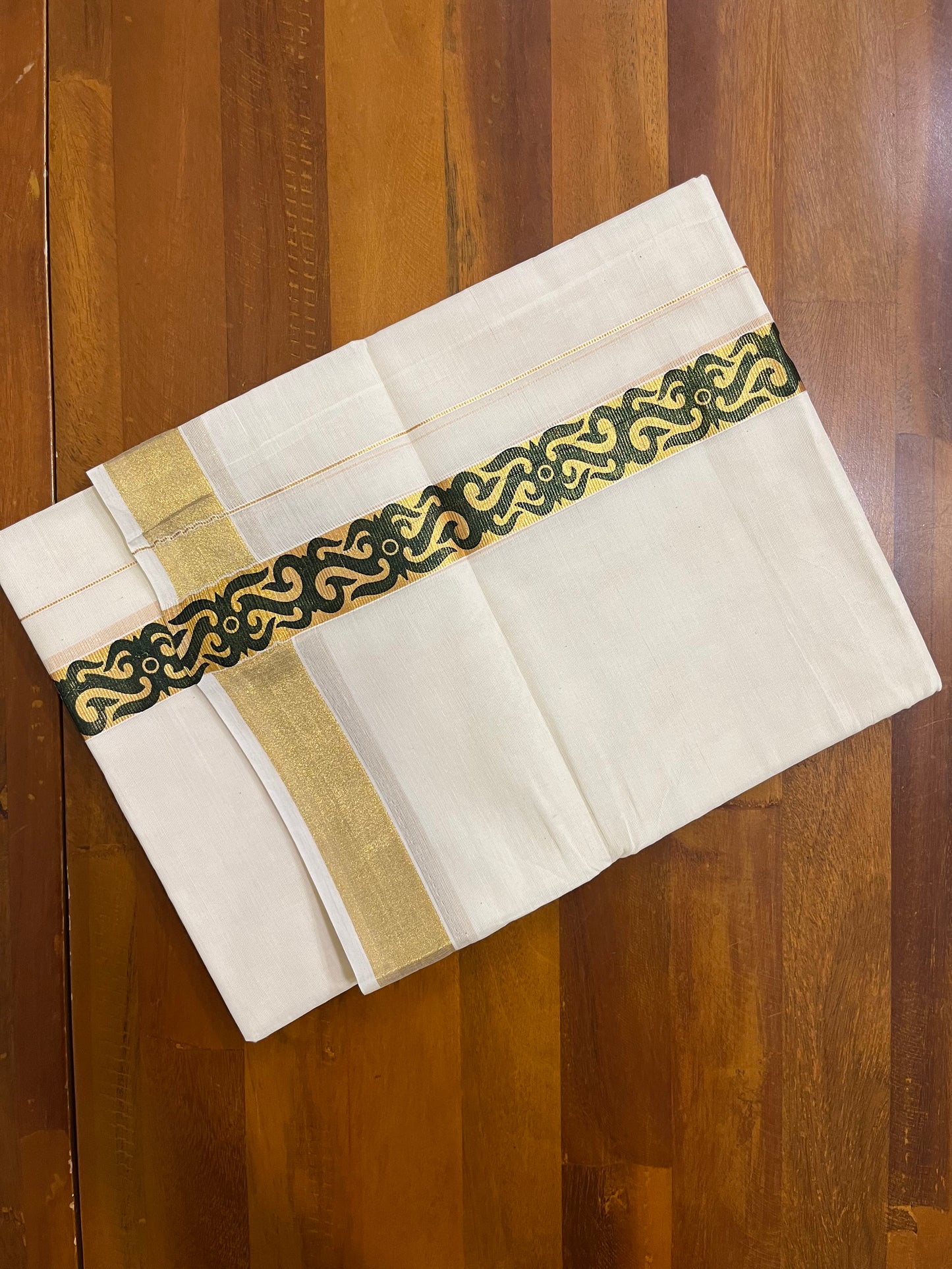 Southloom Kasavu Double Mundu with Black Tribal / Retro Design Print on Kasavu Kara