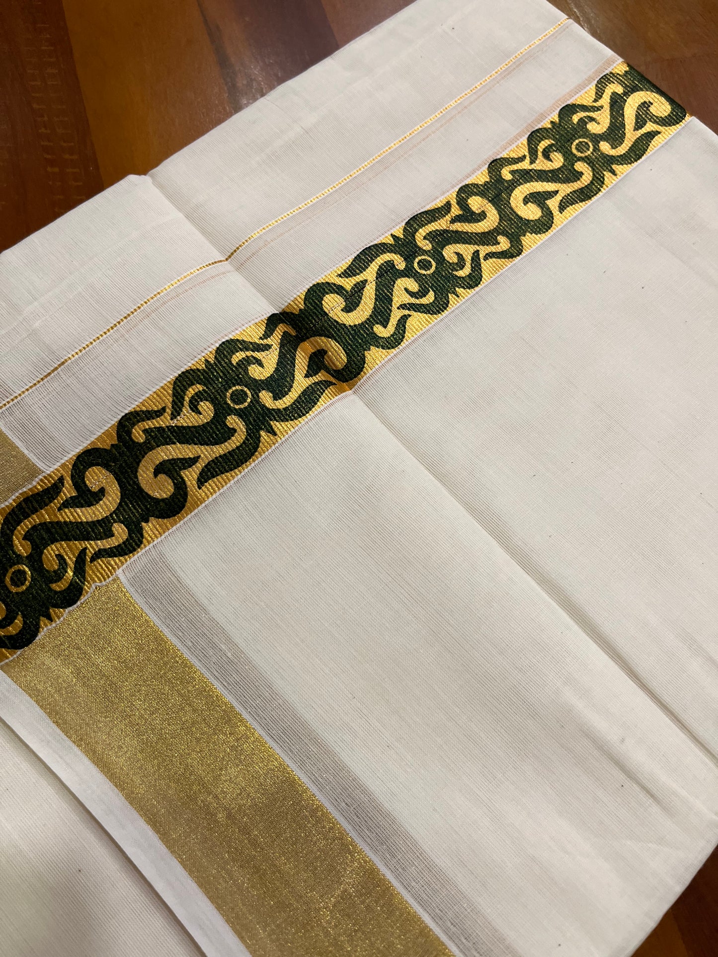 Southloom Kasavu Double Mundu with Black Tribal / Retro Design Print on Kasavu Kara