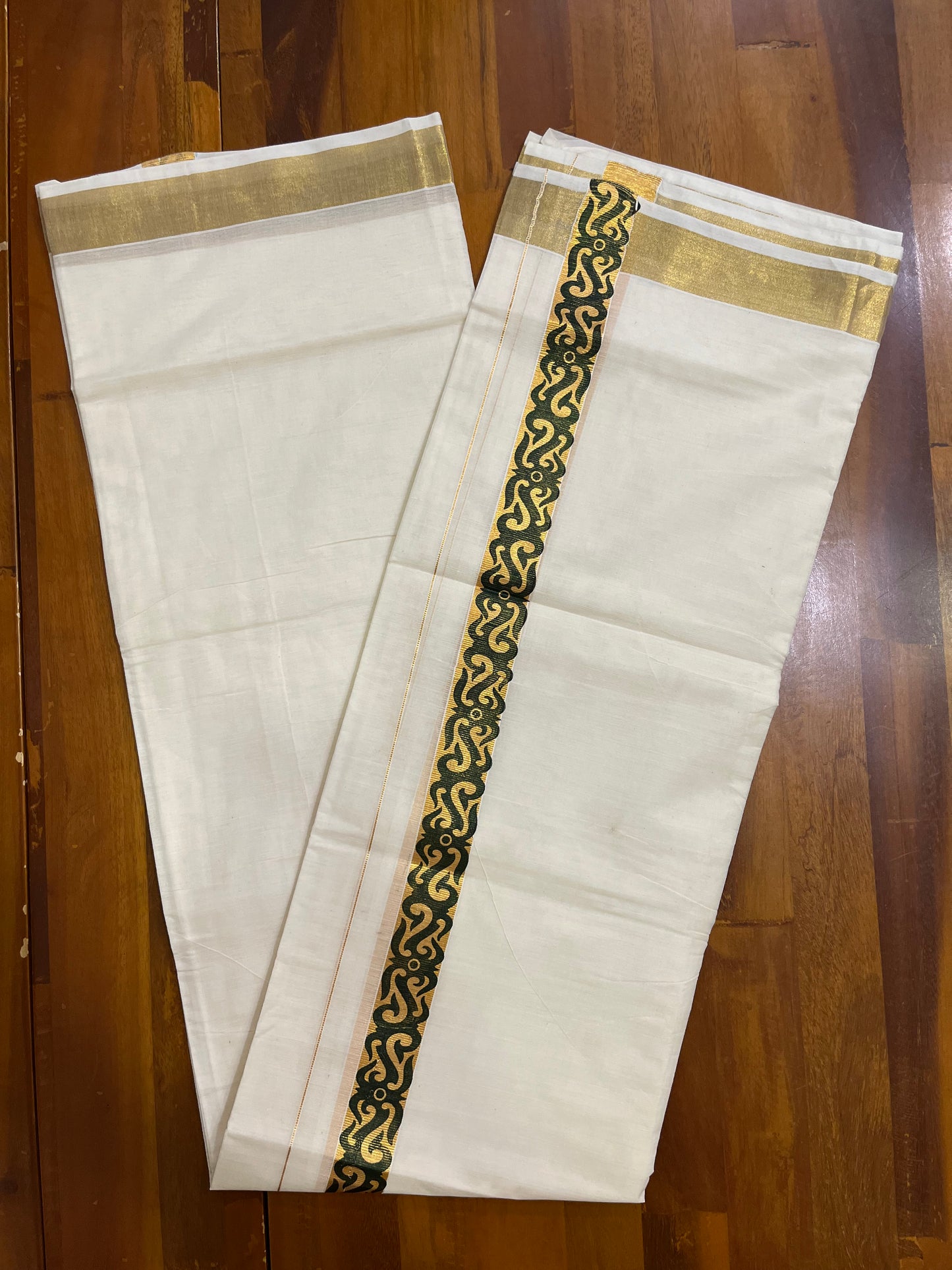 Southloom Kasavu Double Mundu with Black Tribal / Retro Design Print on Kasavu Kara