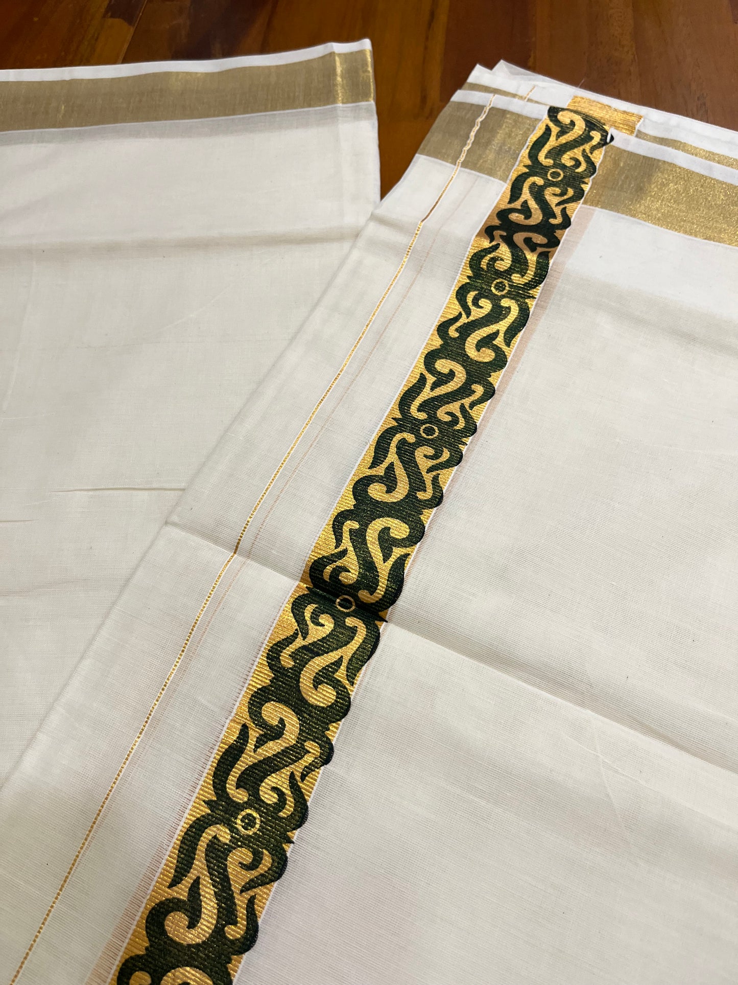 Southloom Kasavu Double Mundu with Black Tribal / Retro Design Print on Kasavu Kara