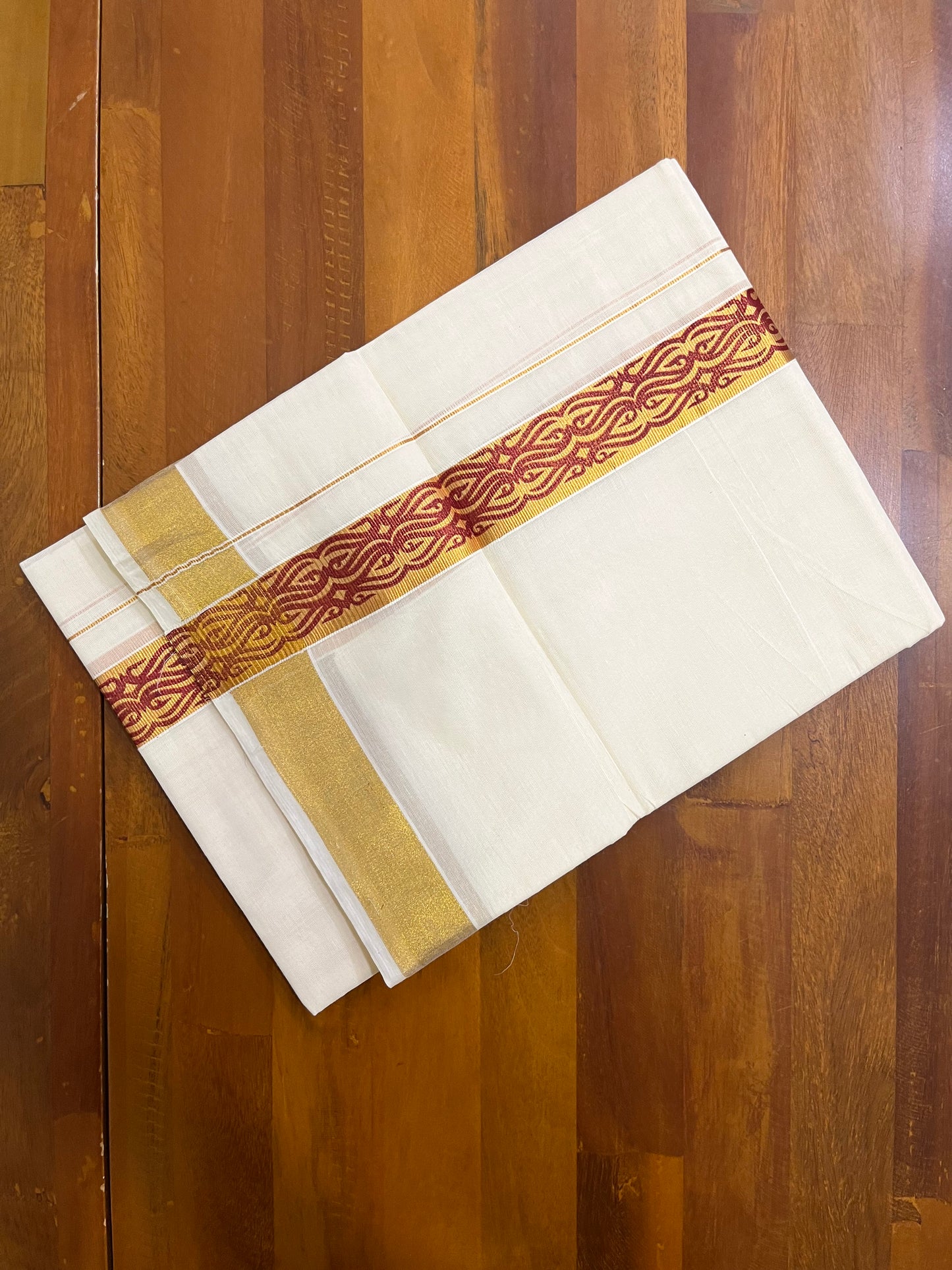 Southloom Kasavu Double Mundu with Maroon Tribal / Retro Design Print on Kasavu Kara