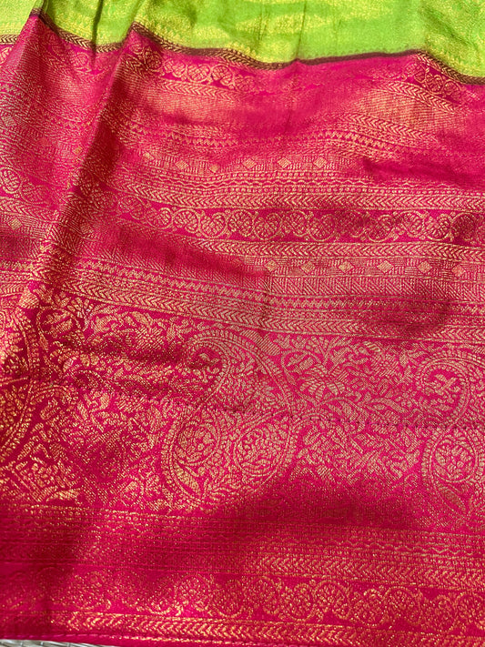Semi Stitched Premium Semi Silk Light Green Dhavani Set with Red Designer Neriyathu and Blouse Piece