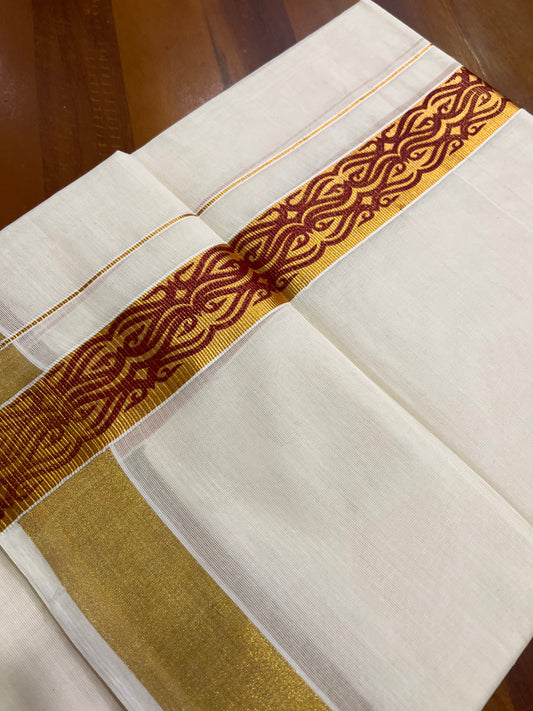 Southloom Kasavu Double Mundu with Maroon Tribal / Retro Design Print on Kasavu Kara